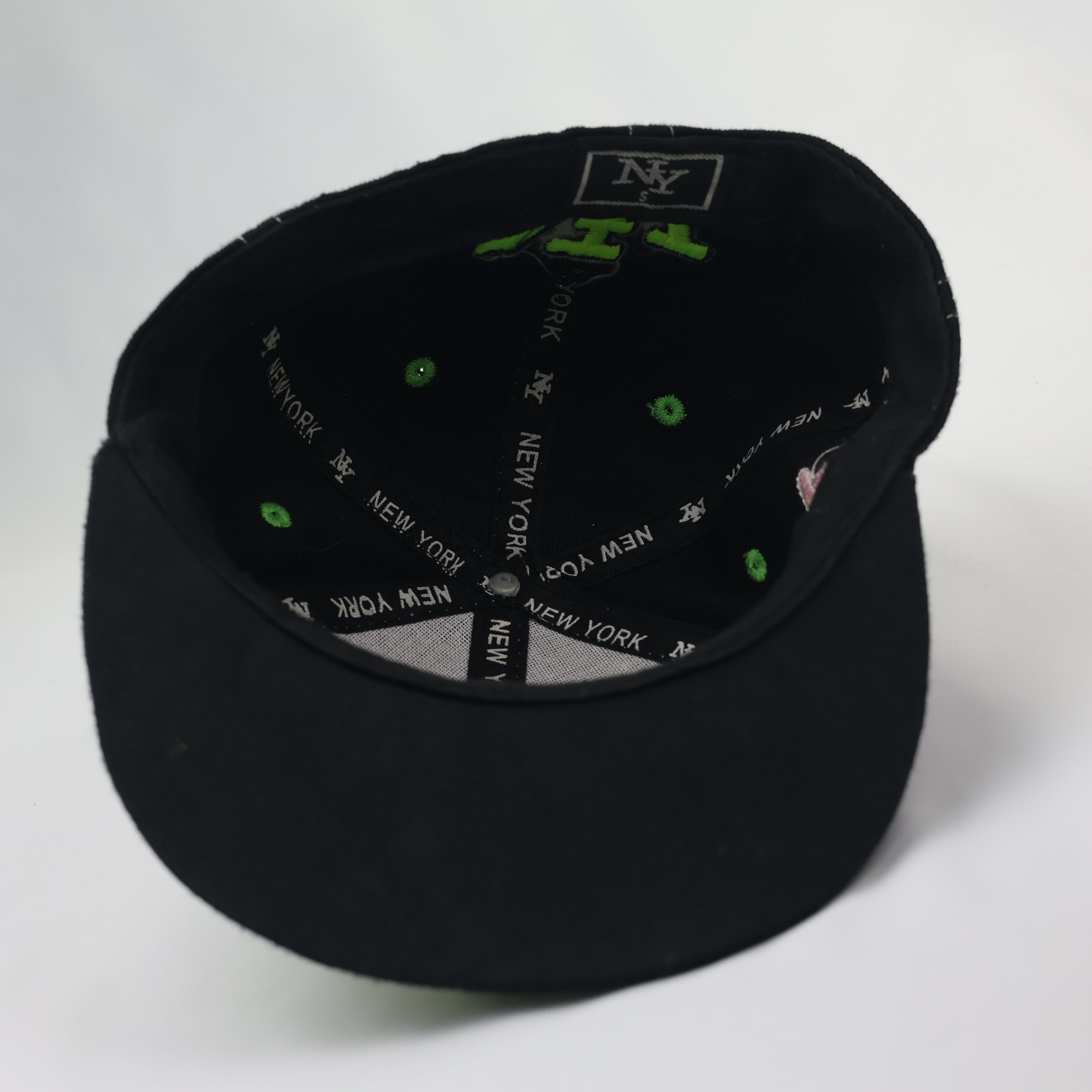 Kids Neon Graffiti New York Flat Brim Thrifted Cap | Black & Lime NY Snapback Hat