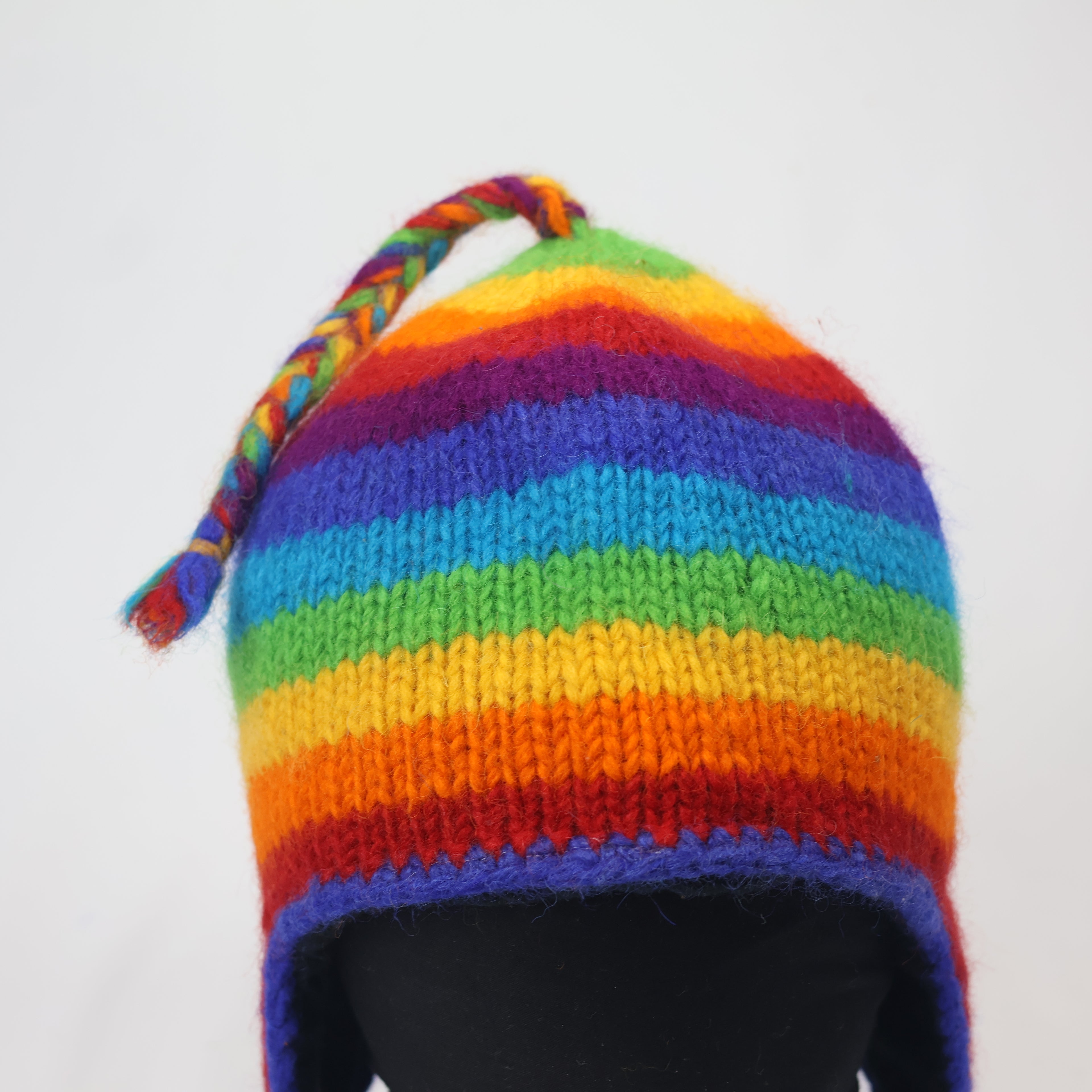 100% Wool Rainbow Earflap Beanie | Handmade in Nepal | Fleece Lined Hippie Hat