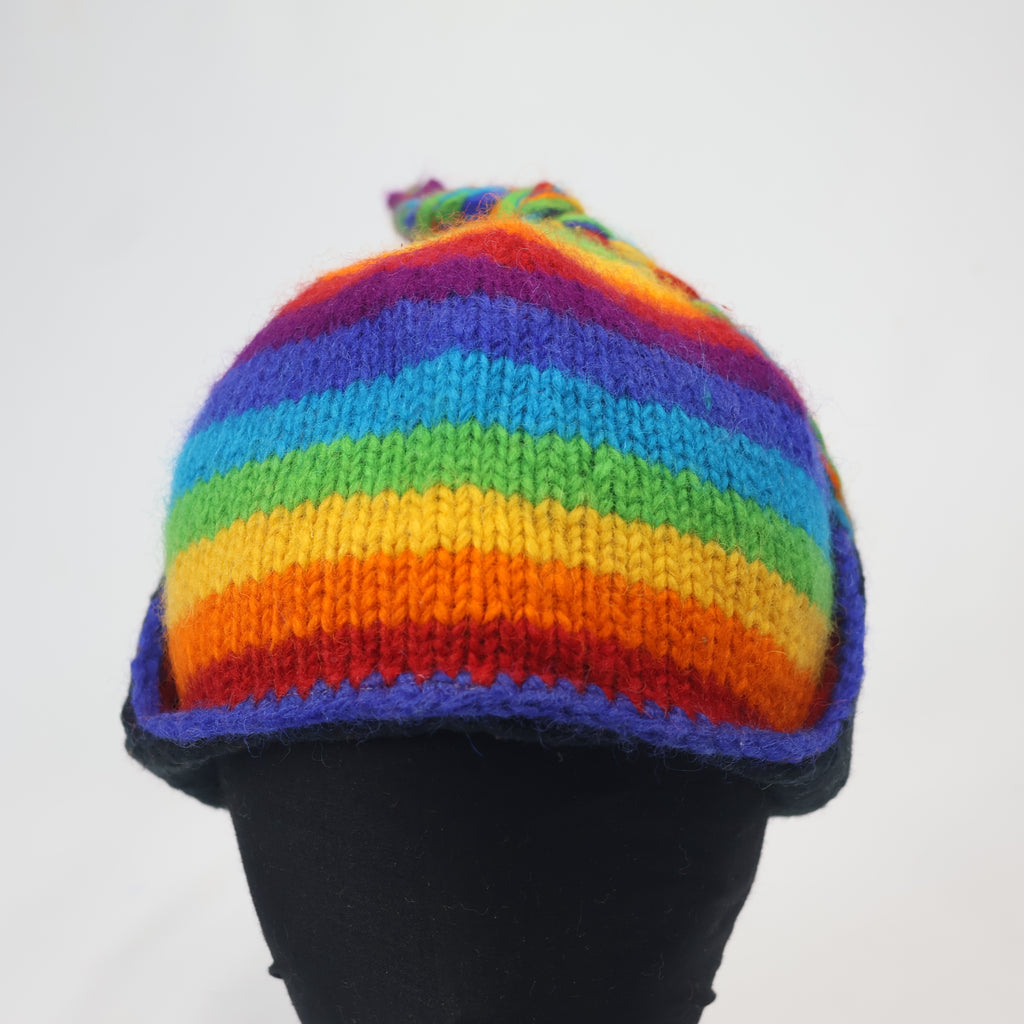 100% Wool Rainbow Earflap Beanie | Handmade in Nepal | Fleece Lined Hippie Hat
