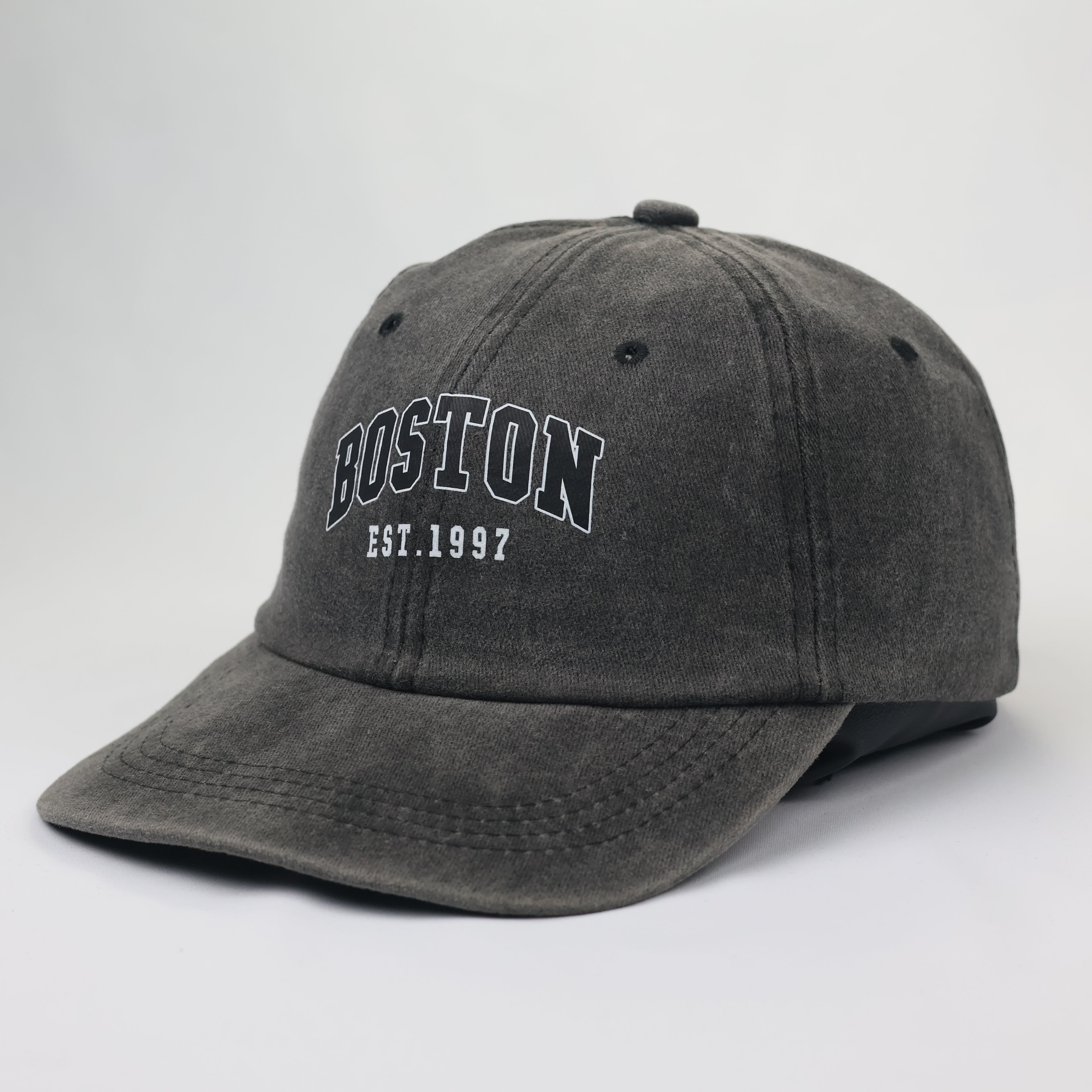 Vintage Boston EST. 1997 Washed Cotton Trotted Dad Hat | Charcoal Grey Baseball Cap