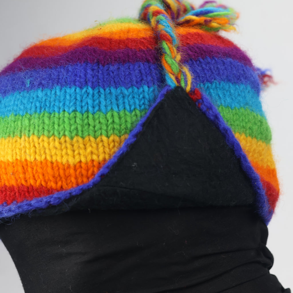 100% Wool Rainbow Earflap Beanie | Handmade in Nepal | Fleece Lined Hippie Hat