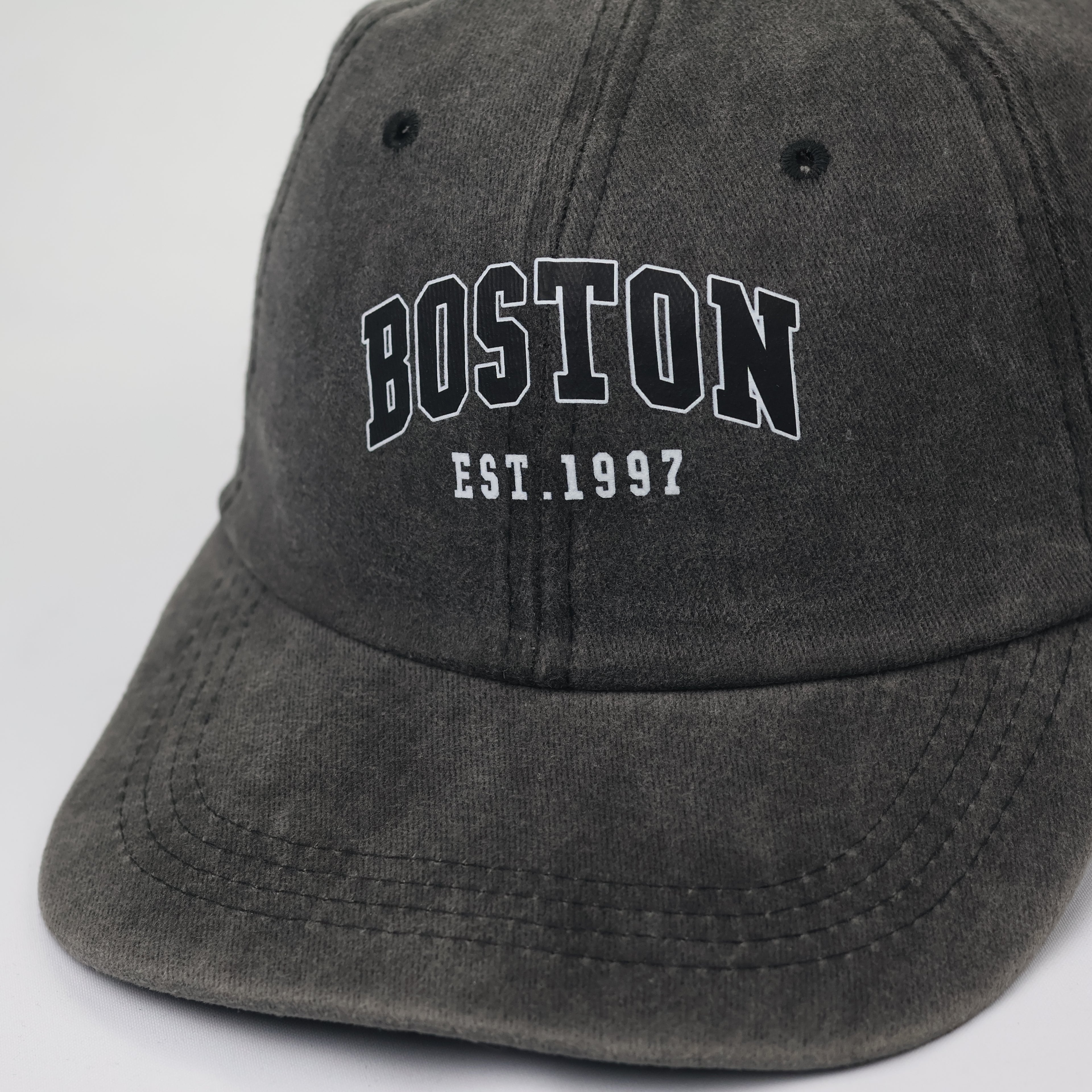 Vintage Boston EST. 1997 Washed Cotton Trotted Dad Hat | Charcoal Grey Baseball Cap