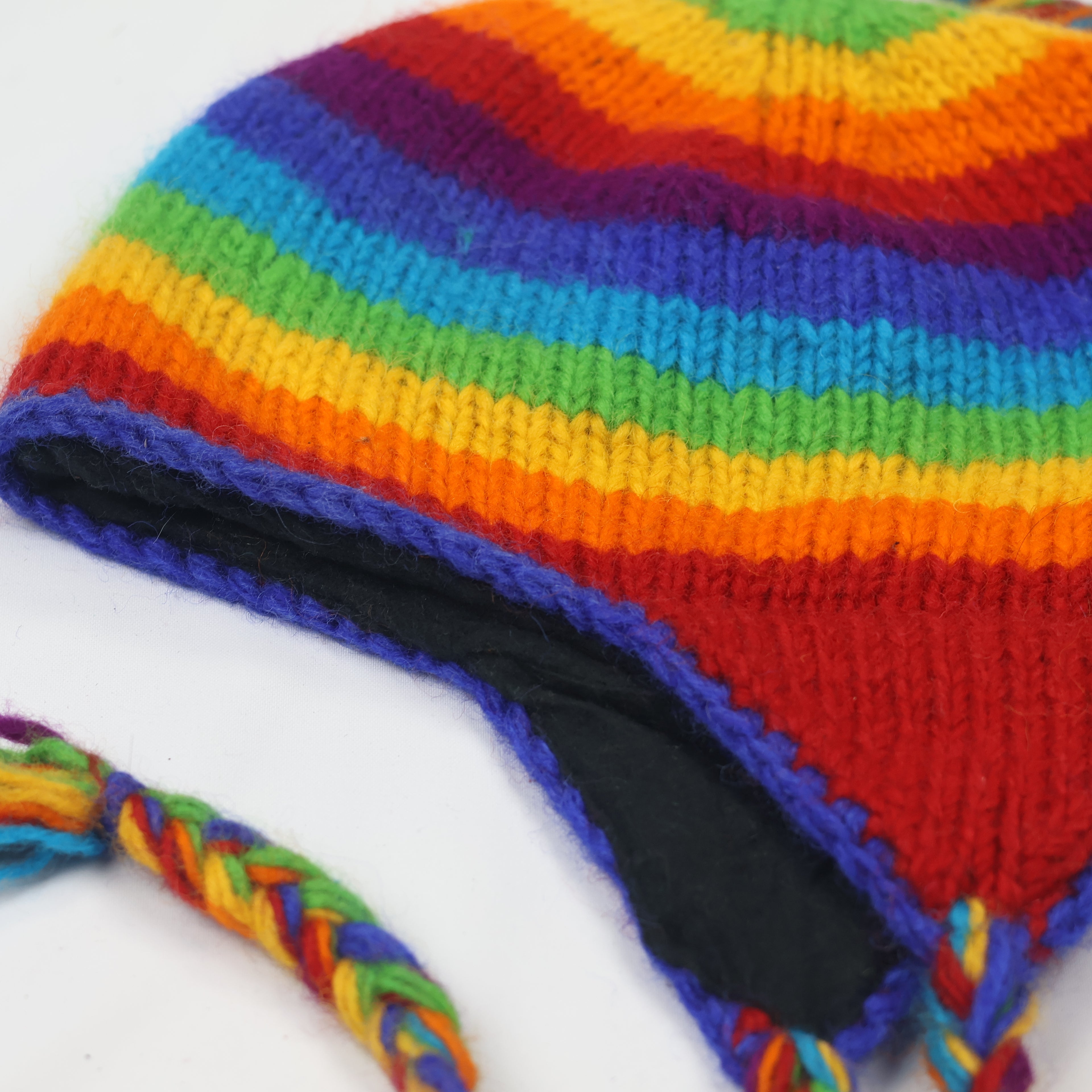 100% Wool Rainbow Earflap Beanie | Handmade in Nepal | Fleece Lined Hippie Hat