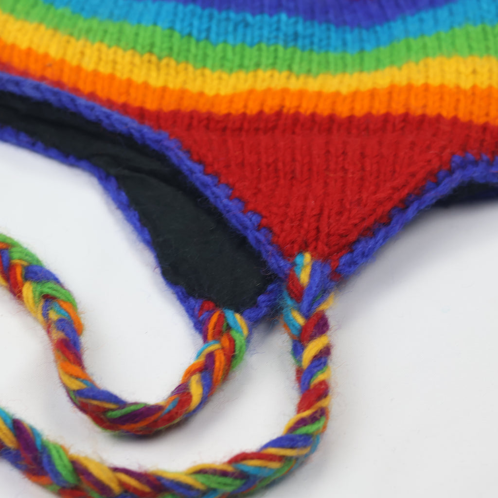 100% Wool Rainbow Earflap Beanie | Handmade in Nepal | Fleece Lined Hippie Hat