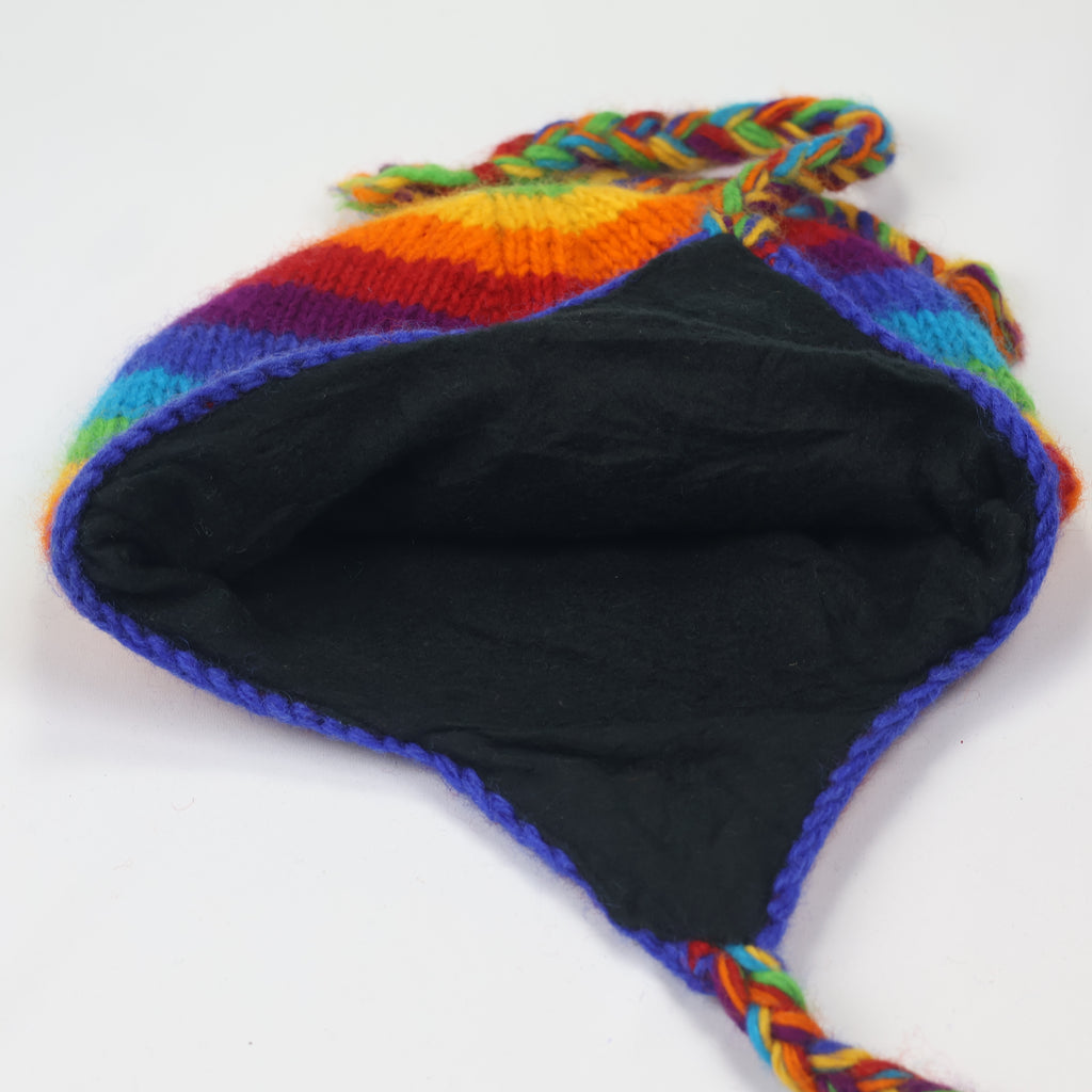 100% Wool Rainbow Earflap Beanie | Handmade in Nepal | Fleece Lined Hippie Hat