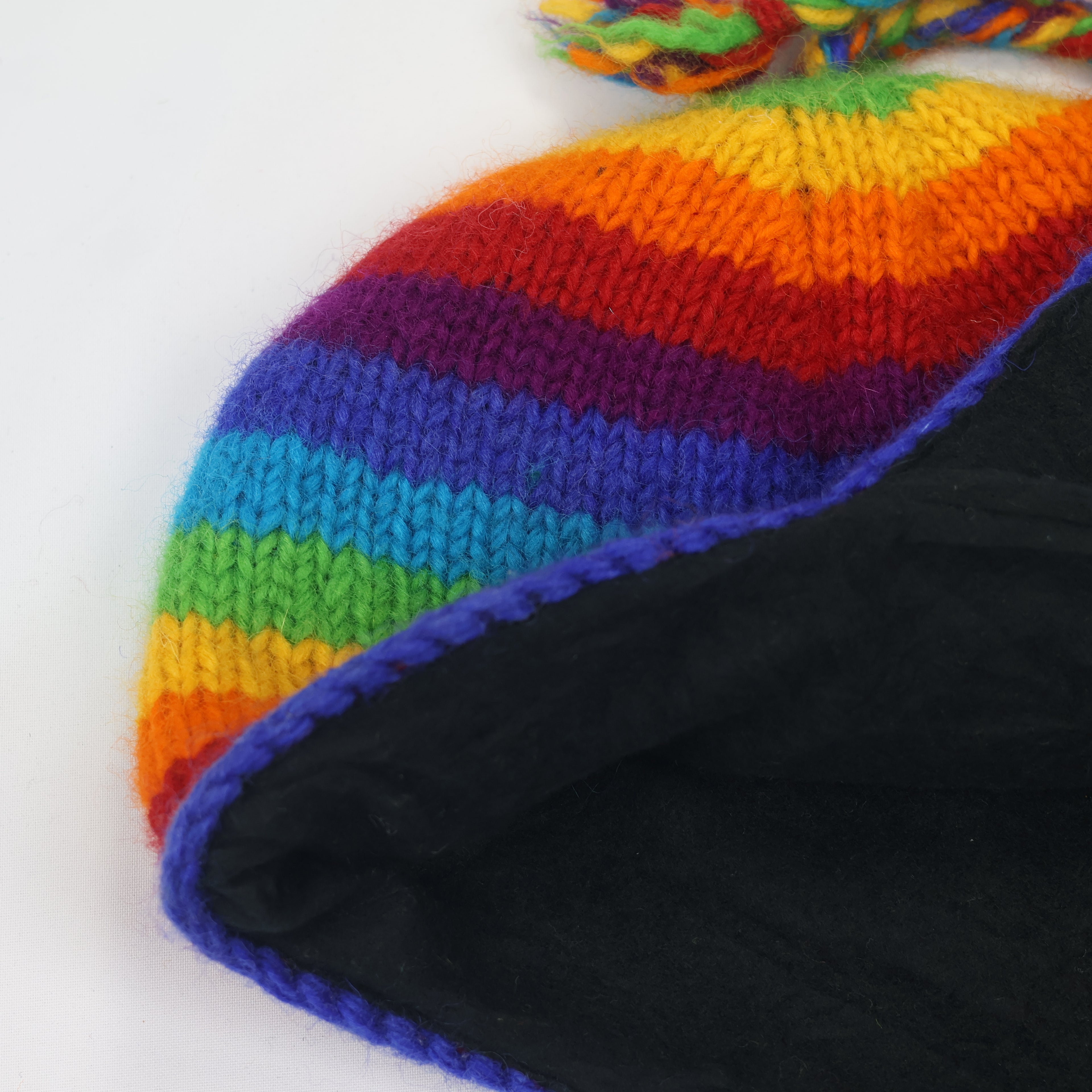 100% Wool Rainbow Earflap Beanie | Handmade in Nepal | Fleece Lined Hippie Hat