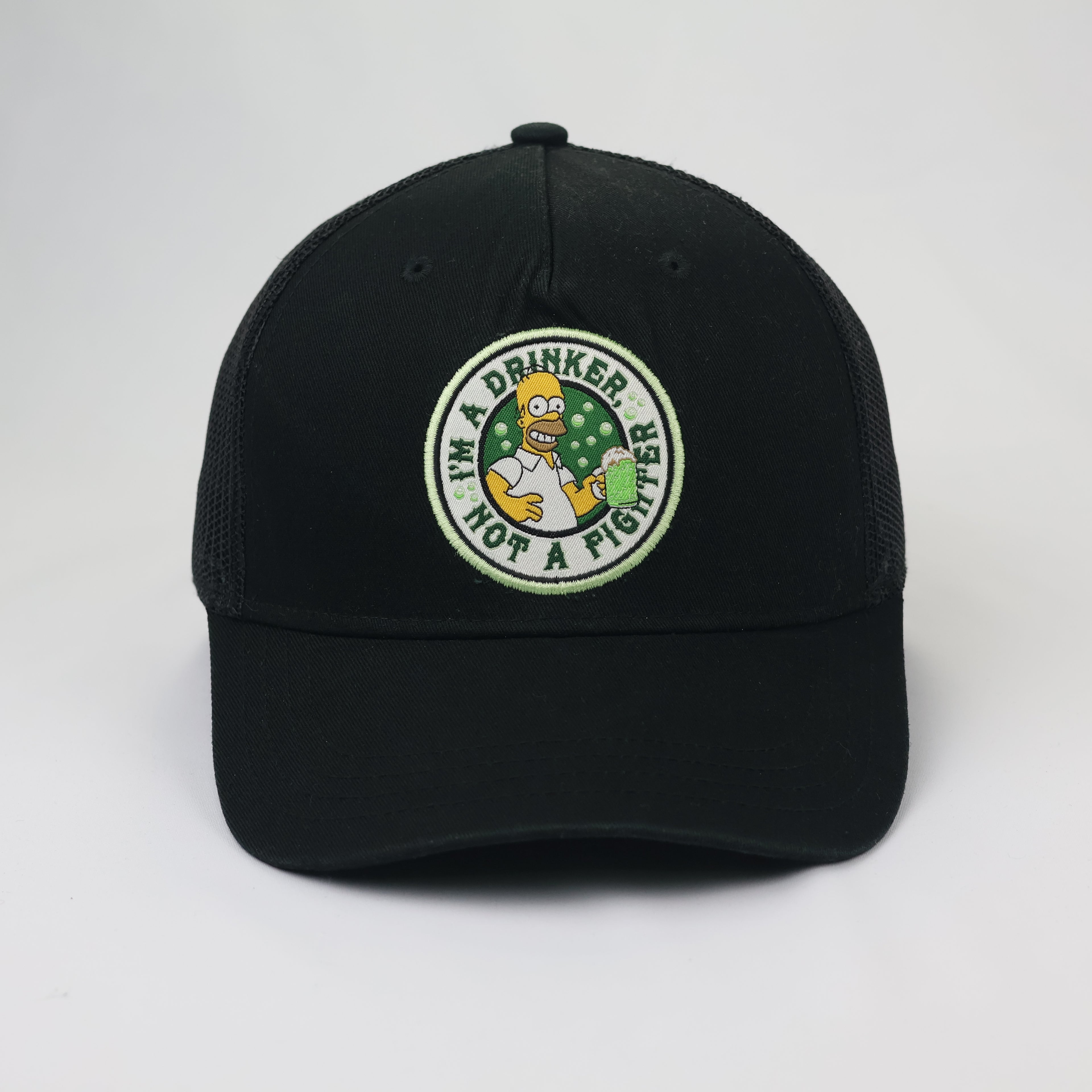 The Simpsons Homer Drinker Thrifted Trucker Hat - Black Mesh Back Cap