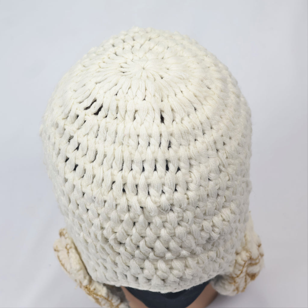 Cream Crochet Beanie with Large 3D Rose Ear Muffs