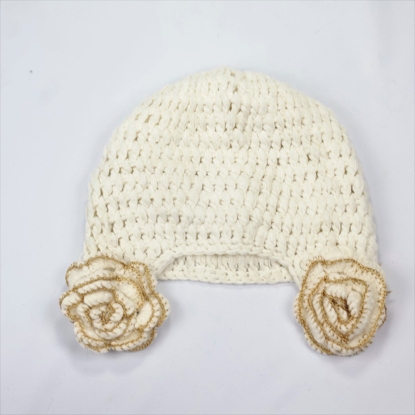 Cream Crochet Beanie with Large 3D Rose Ear Muffs