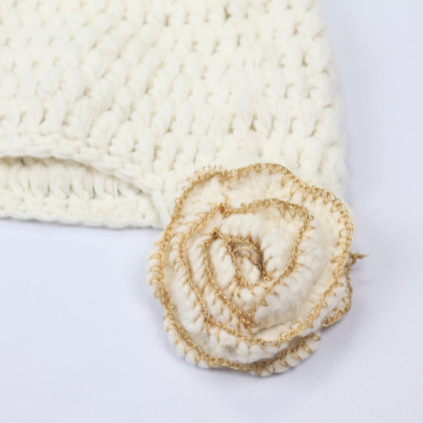Cream Crochet Beanie with Large 3D Rose Ear Muffs