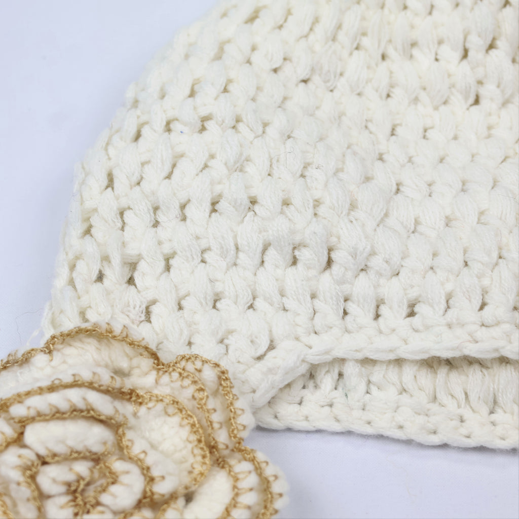 Cream Crochet Beanie with Large 3D Rose Ear Muffs