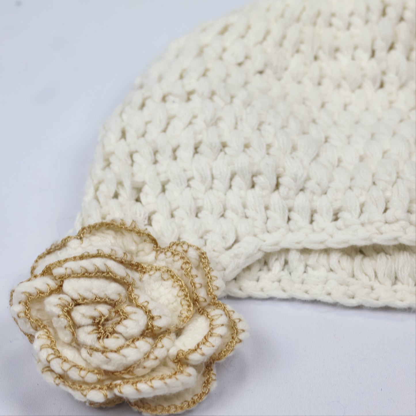 Cream Crochet Beanie with Large 3D Rose Ear Muffs