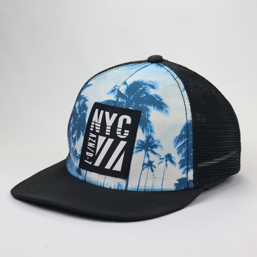 New York City Tropical Palm Graphic Thrifted Cap | Black Mesh Back Hat