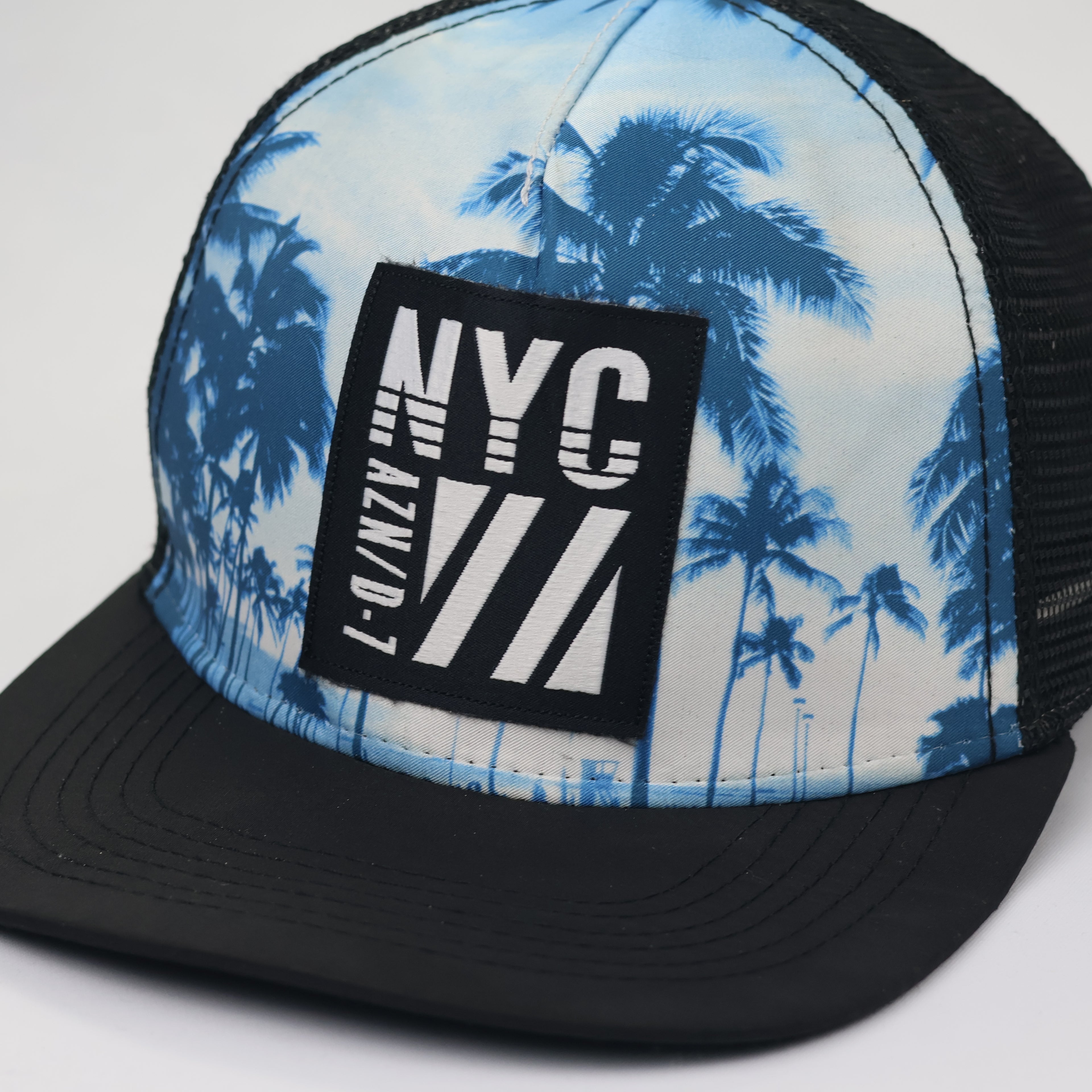 New York City Tropical Palm Graphic Thrifted Cap | Black Mesh Back Hat