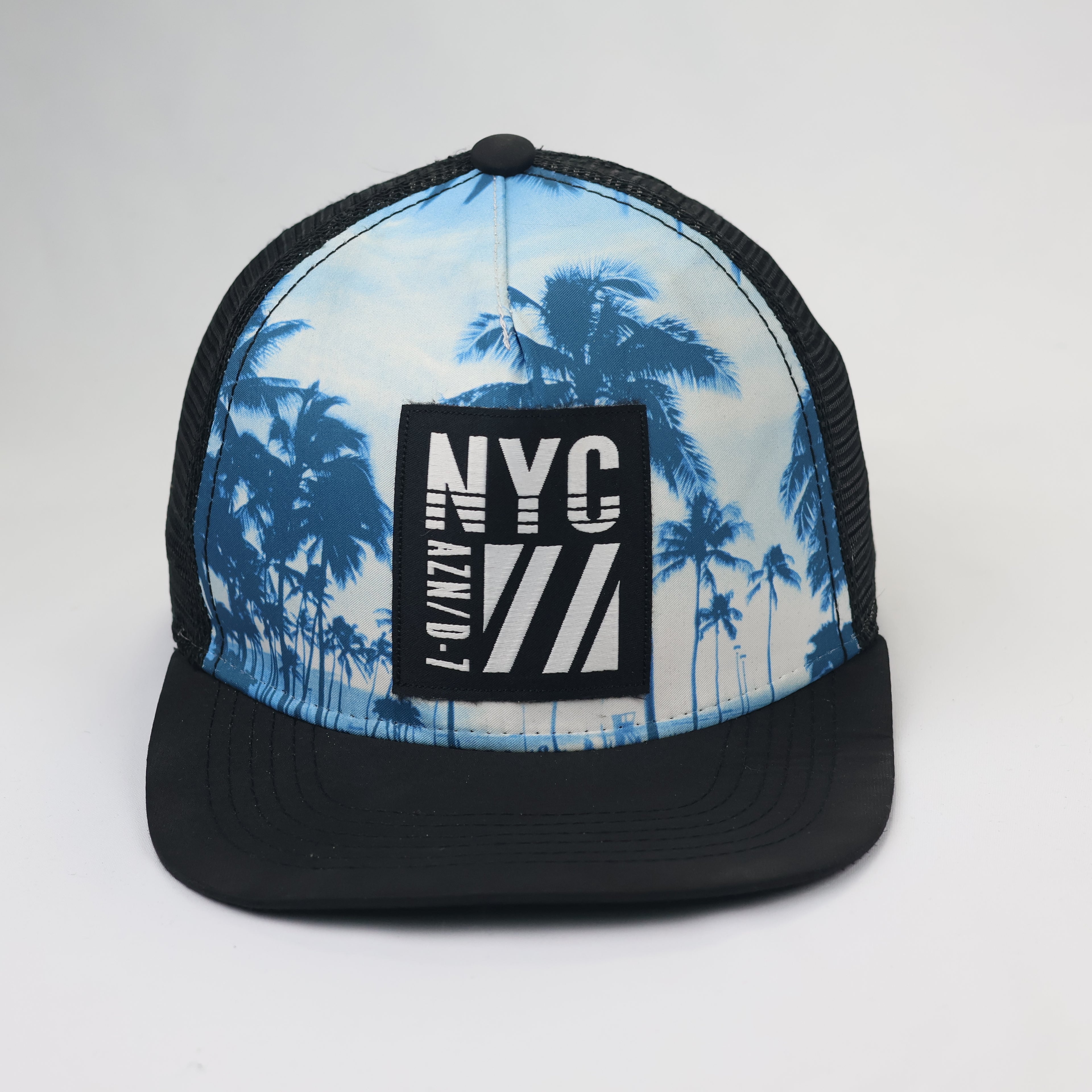 New York City Tropical Palm Graphic Thrifted Cap | Black Mesh Back Hat