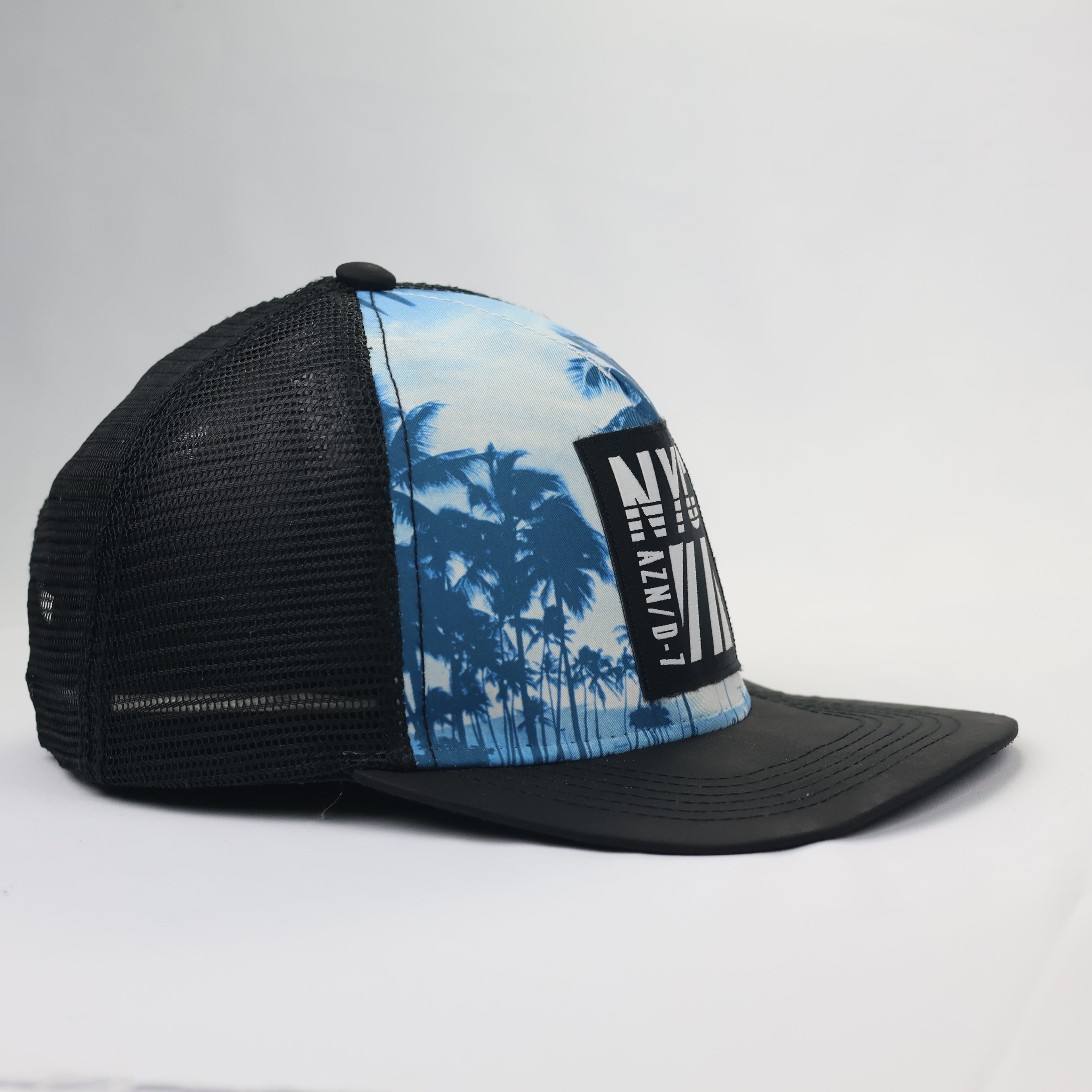 New York City Tropical Palm Graphic Thrifted Cap | Black Mesh Back Hat