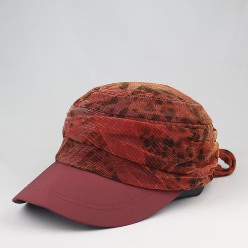 Retro Shimmering Animal Print Visor Cap - Burgundy Maroon Tie Back Hat