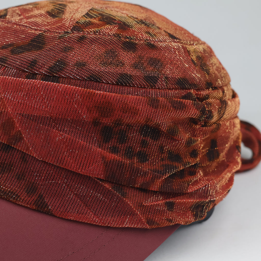 Retro Shimmering Animal Print Visor Cap - Burgundy Maroon Tie Back Hat