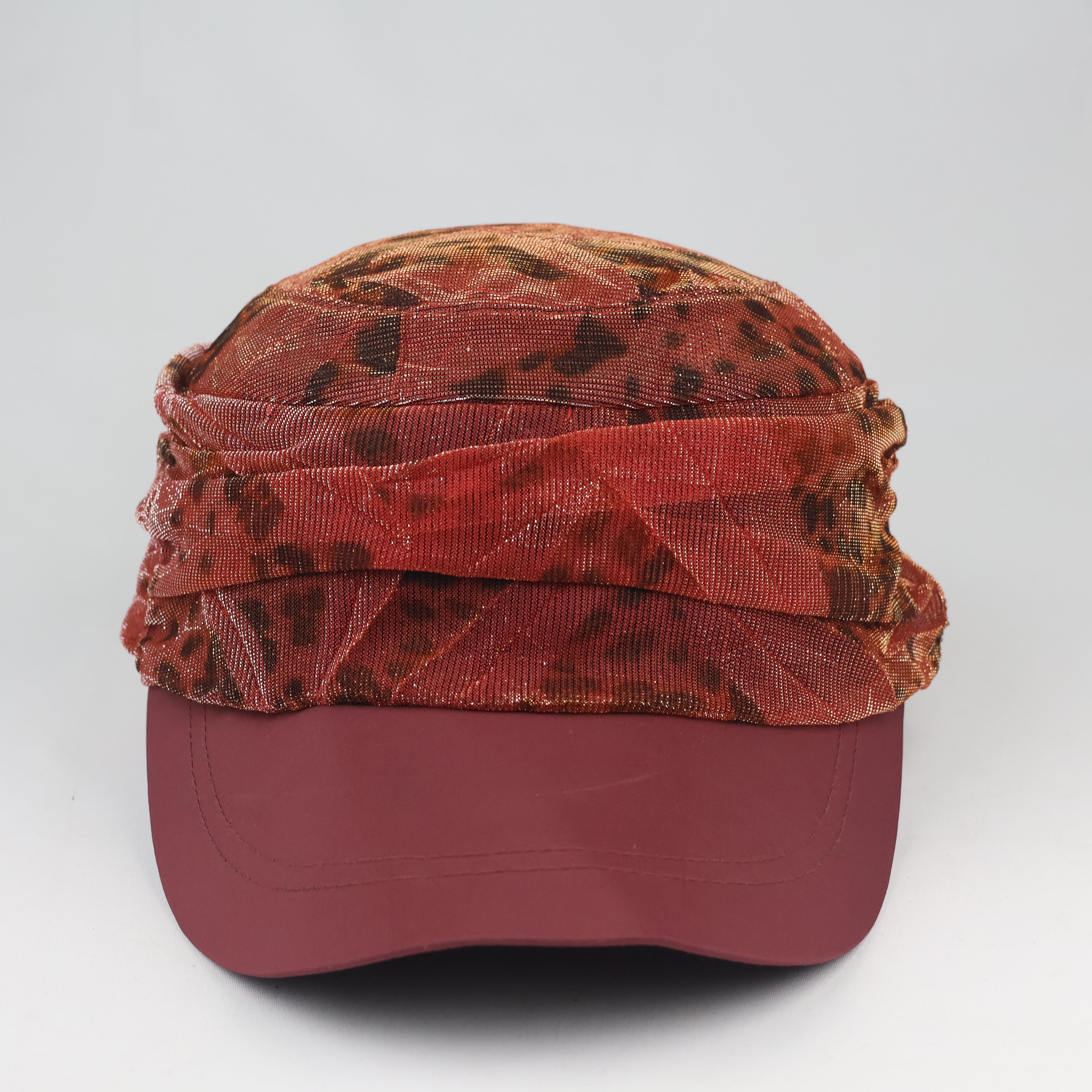 Retro Shimmering Animal Print Visor Cap - Burgundy Maroon Tie Back Hat