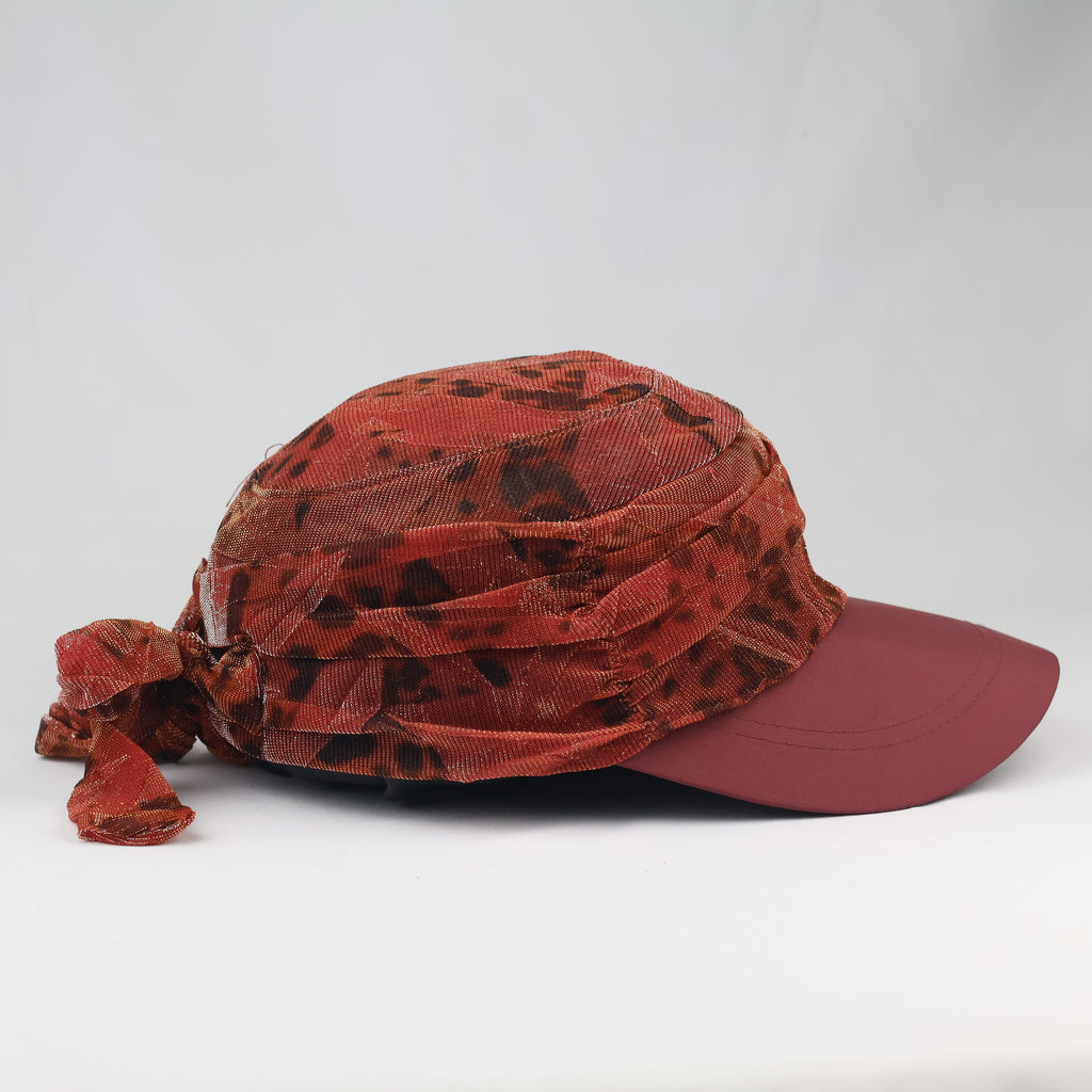 Retro Shimmering Animal Print Visor Cap - Burgundy Maroon Tie Back Hat