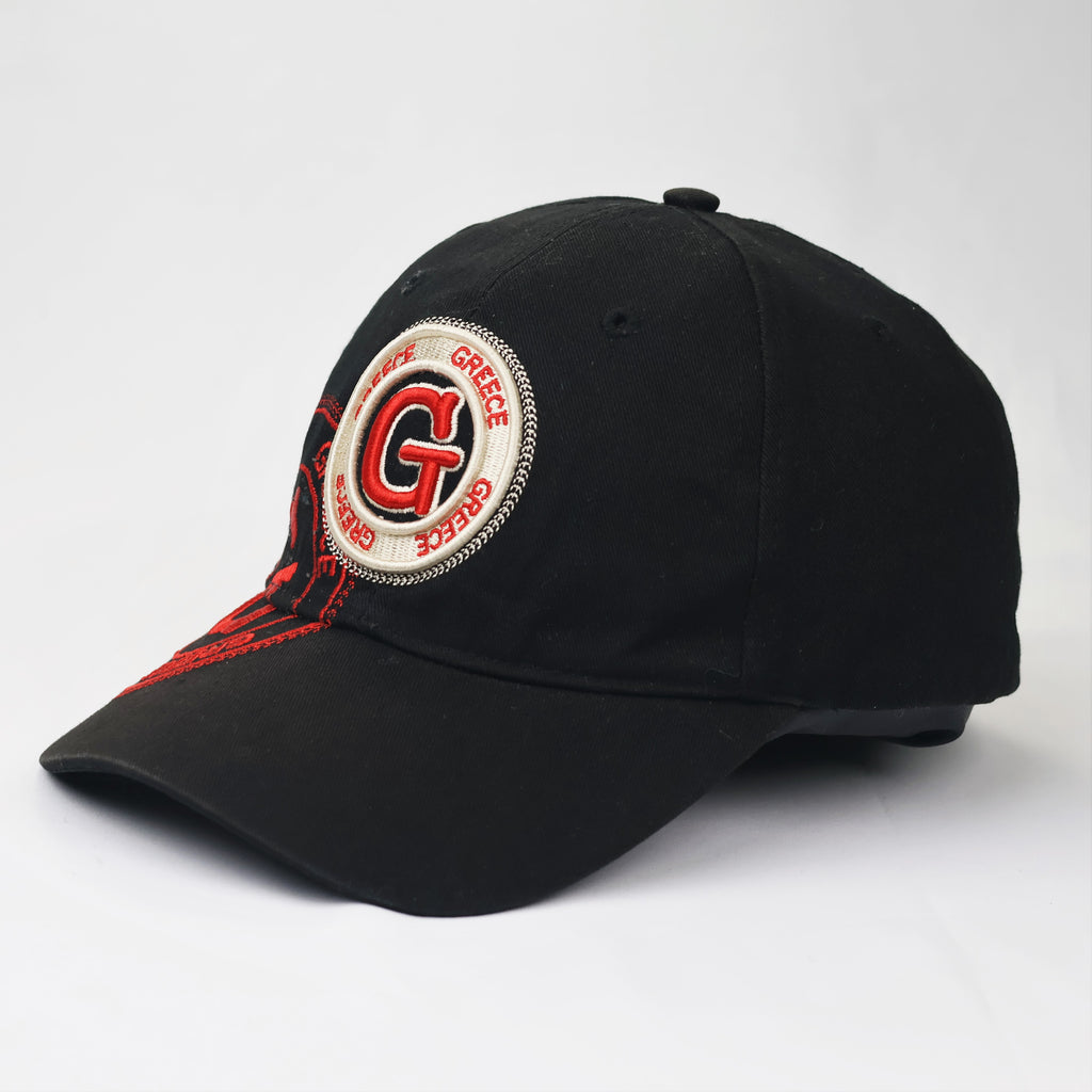 Robin Ruth Greece Souvenir Thrifted Baseball Cap - Black & Red Embroidery