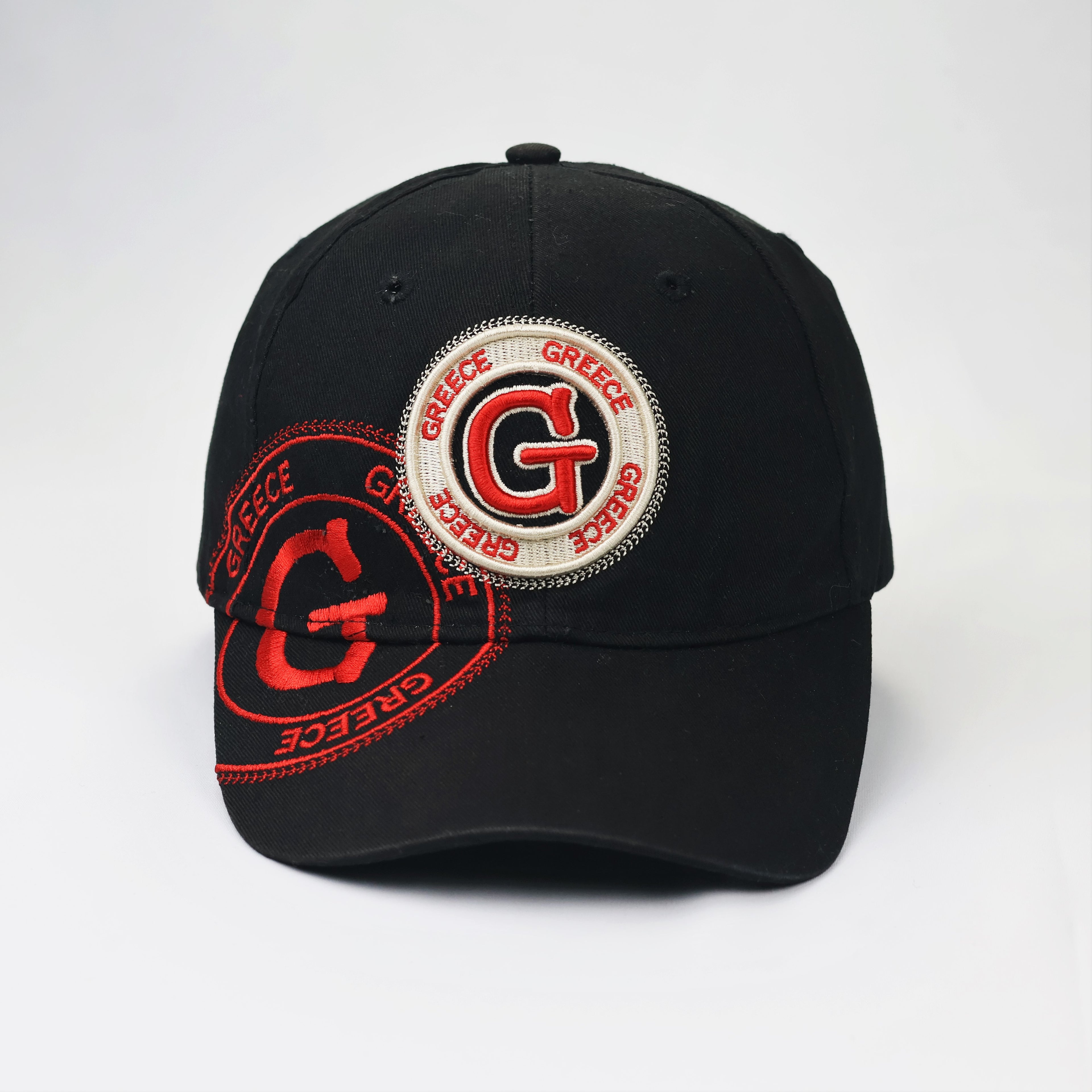 Robin Ruth Greece Souvenir Thrifted Baseball Cap - Black & Red Embroidery