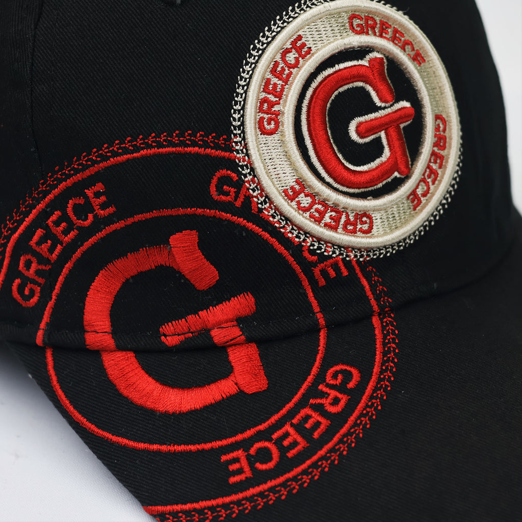 Robin Ruth Greece Souvenir Thrifted Baseball Cap - Black & Red Embroidery