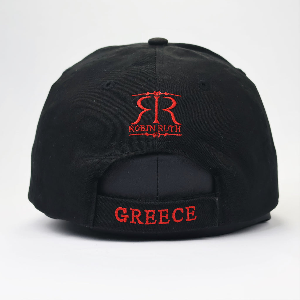 Robin Ruth Greece Souvenir Thrifted Baseball Cap - Black & Red Embroidery