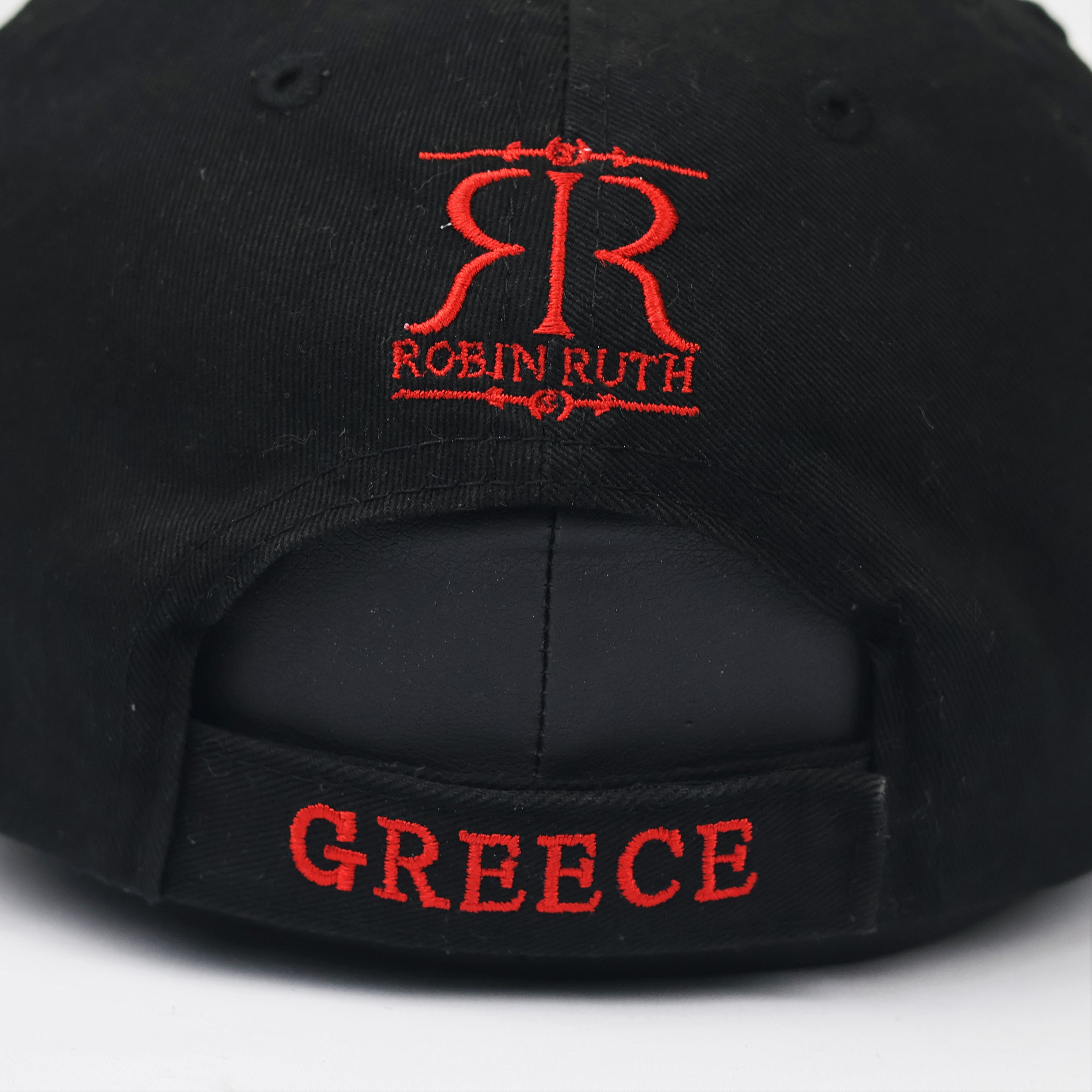 Robin Ruth Greece Souvenir Thrifted Baseball Cap - Black & Red Embroidery