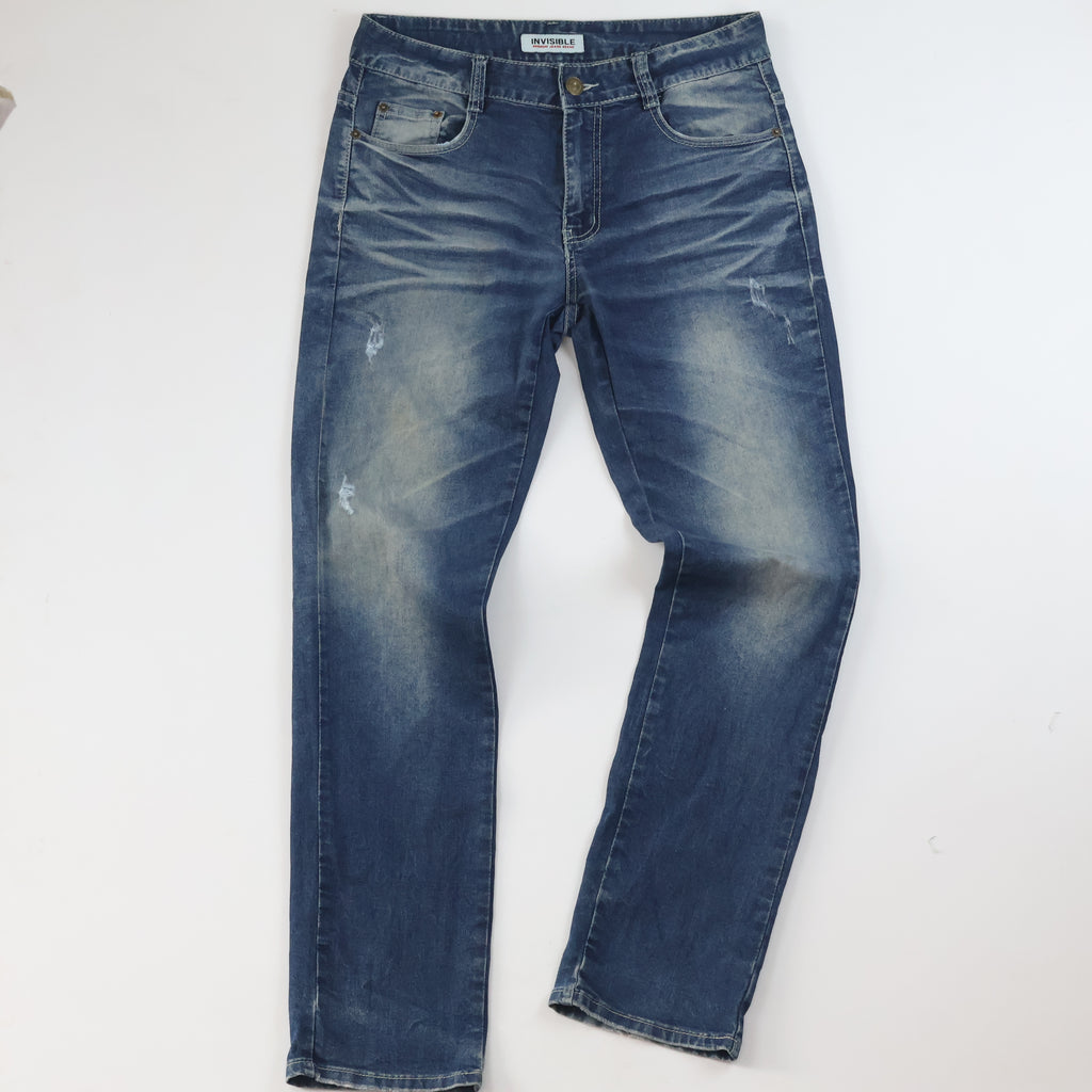 Thrifted Invisible Denim Men's Faded Blue Straight Jeans 34 Waist/ J1005