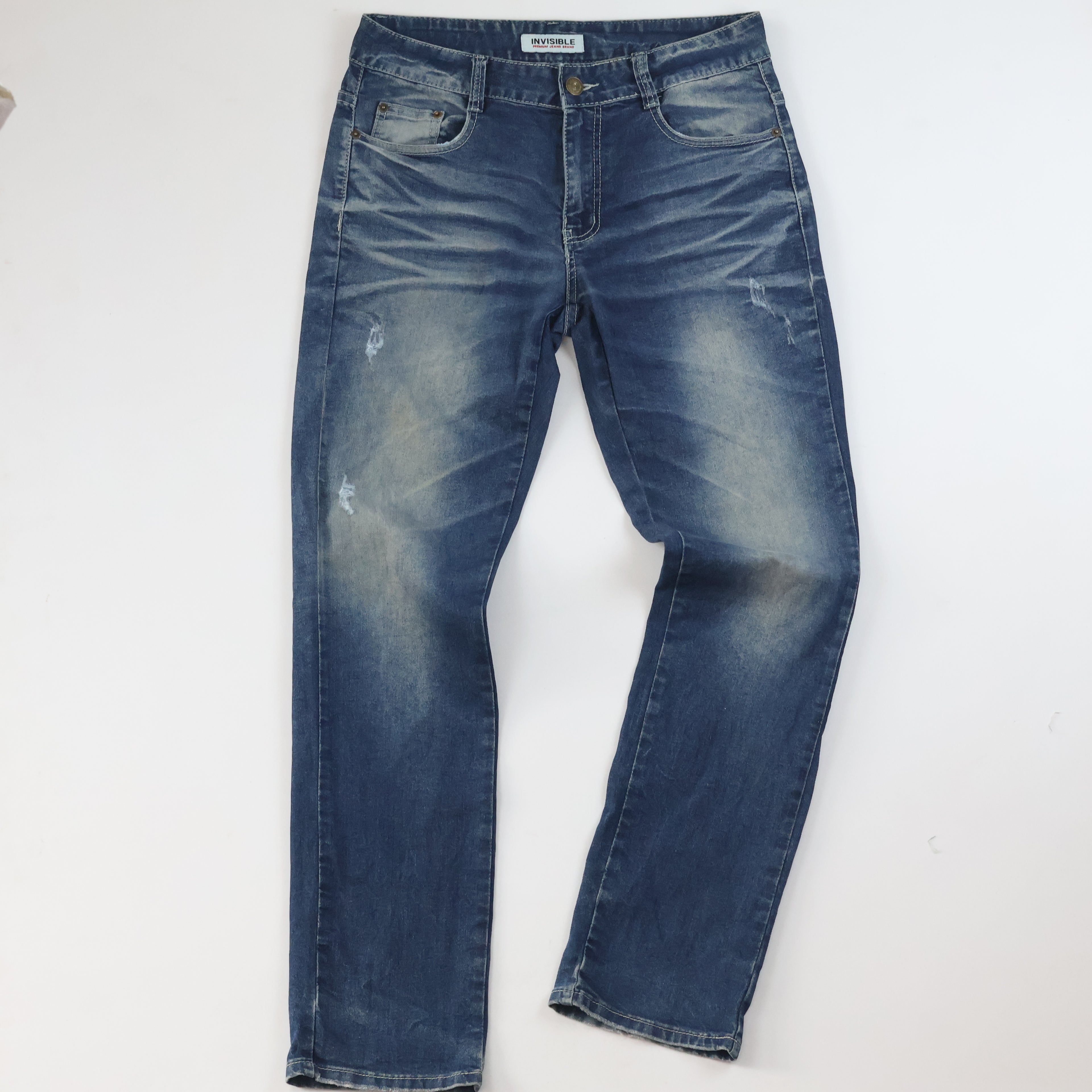 Thrifted Invisible Denim Men's Faded Blue Straight Jeans 34 Waist/ J1005