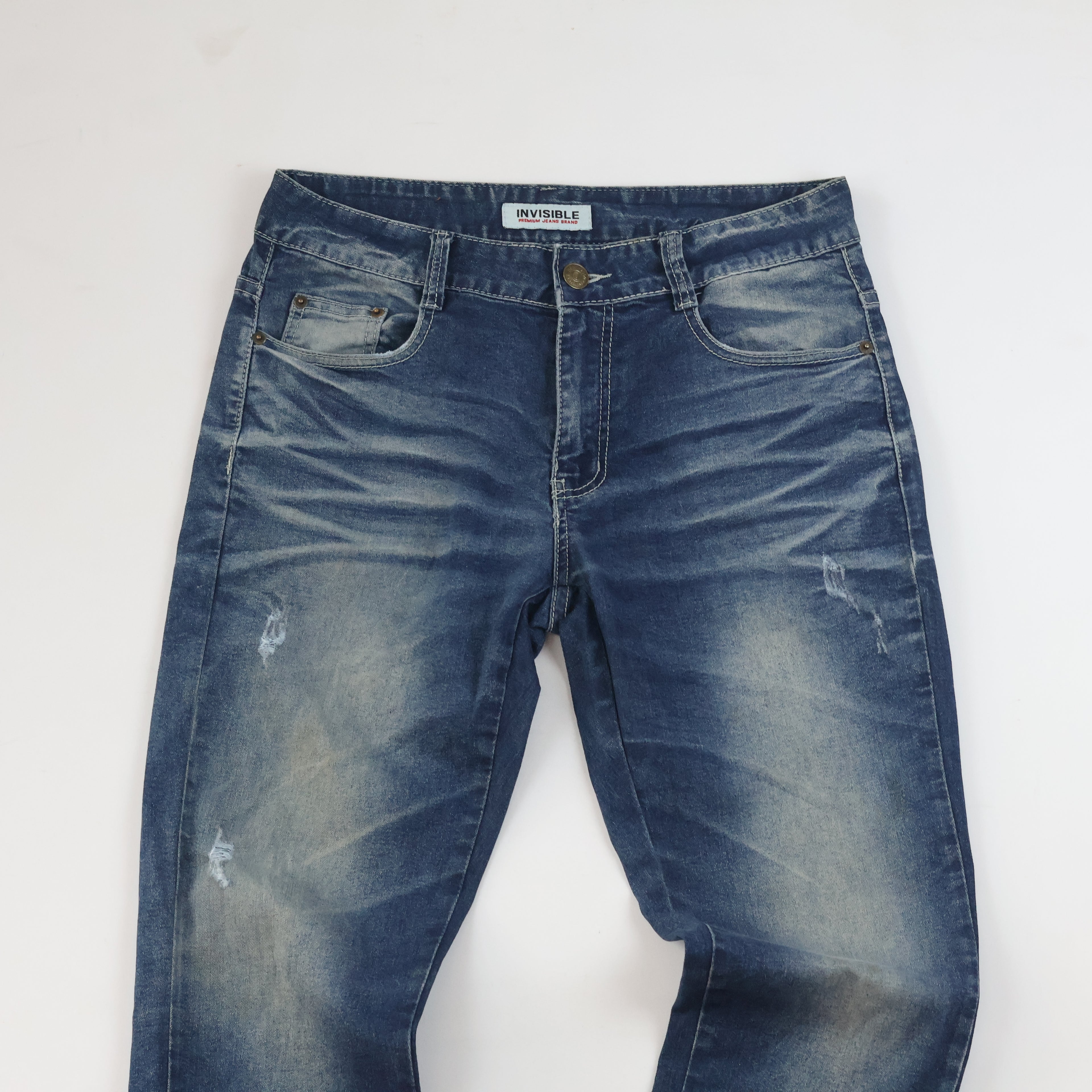 Thrifted Invisible Denim Men's Faded Blue Straight Jeans 34 Waist/ J1005