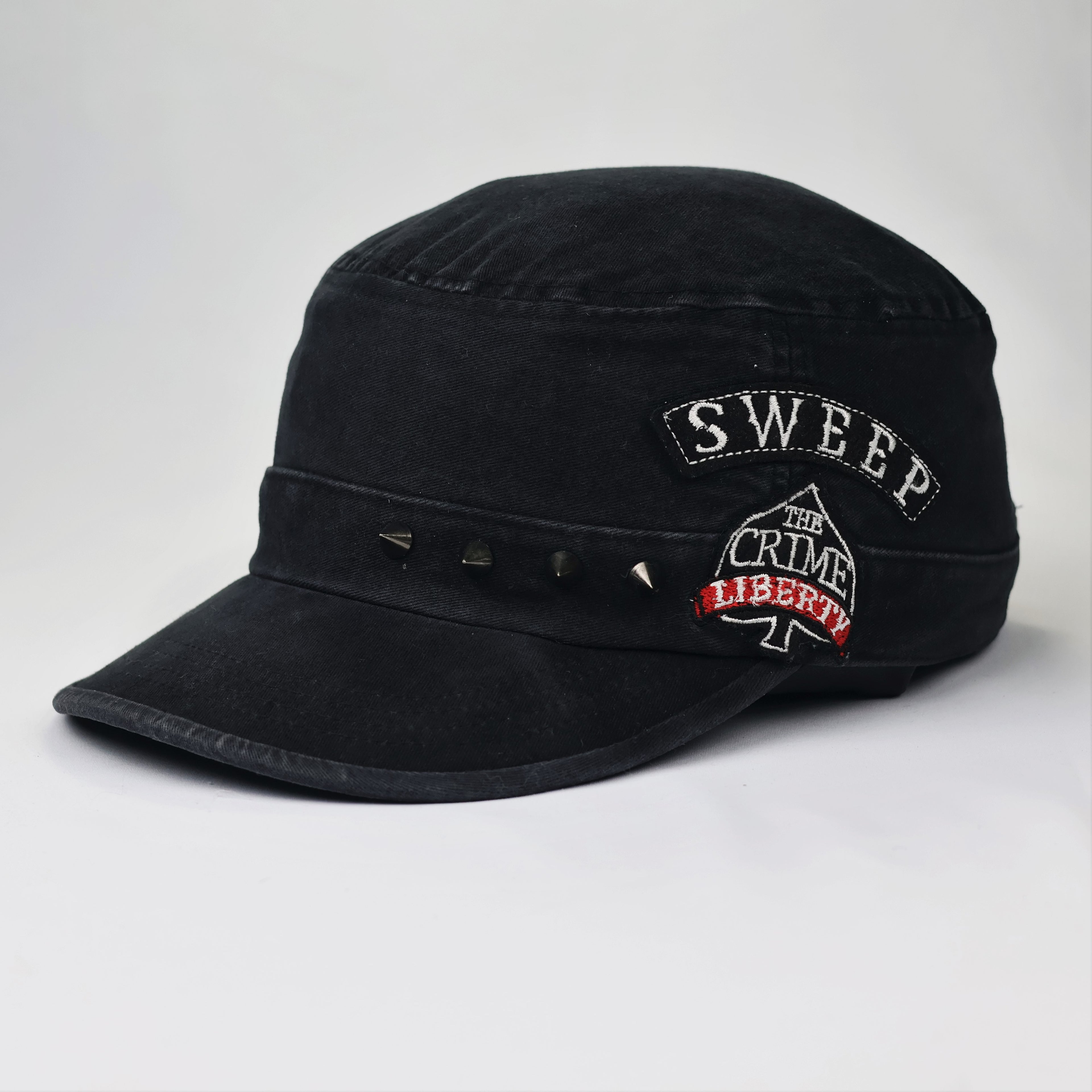 Vintage Military Style Studded Thrifted Cap – Distressed Black Gothic Hat