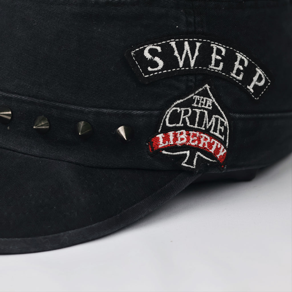 Vintage Military Style Studded Thrifted Cap – Distressed Black Gothic Hat