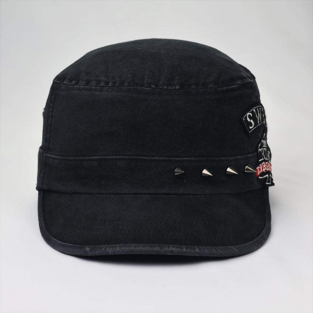 Vintage Military Style Studded Thrifted Cap – Distressed Black Gothic Hat