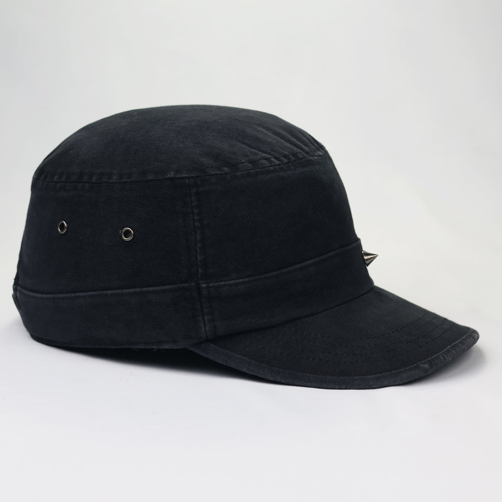 Vintage Military Style Studded Thrifted Cap – Distressed Black Gothic Hat