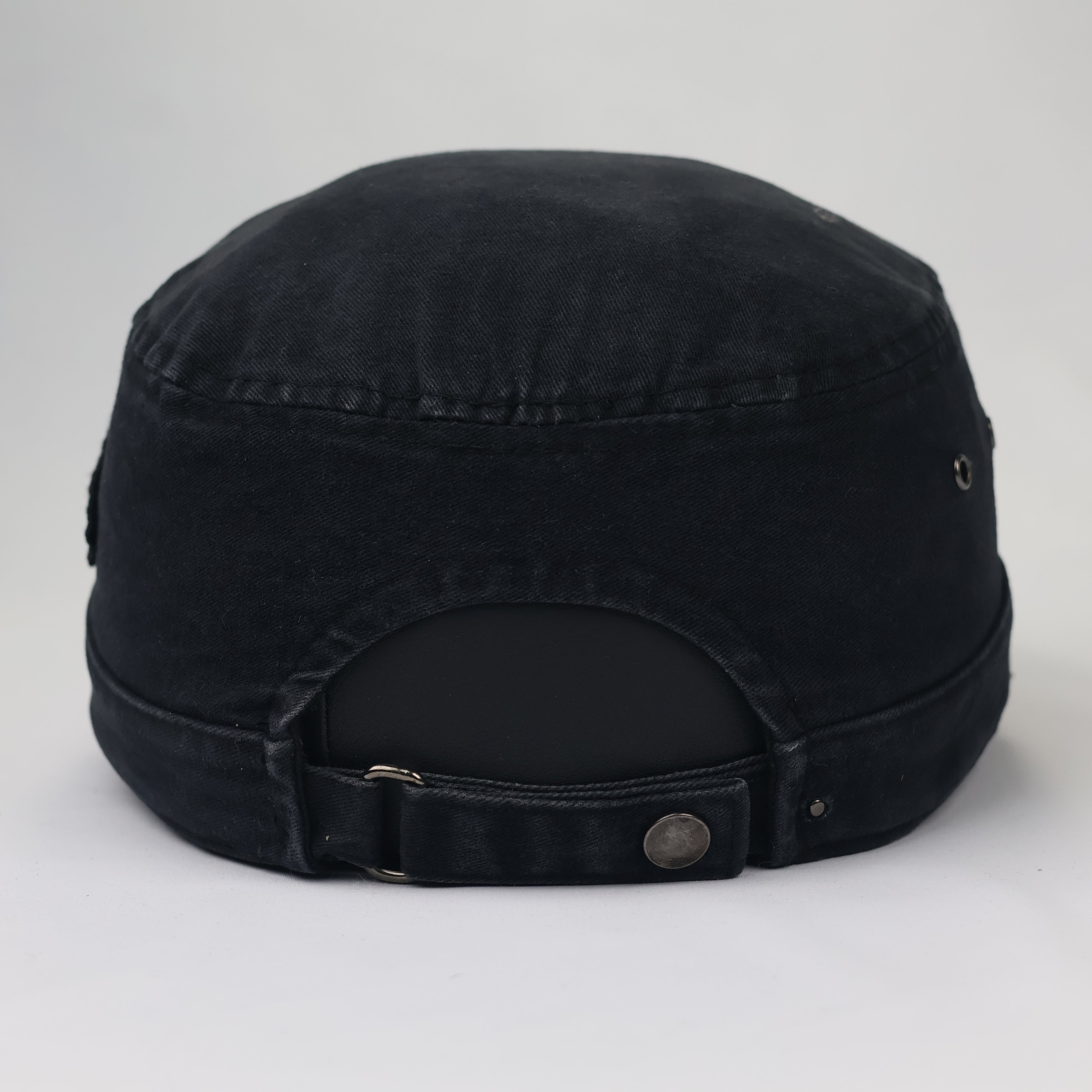 Vintage Military Style Studded Thrifted Cap – Distressed Black Gothic Hat