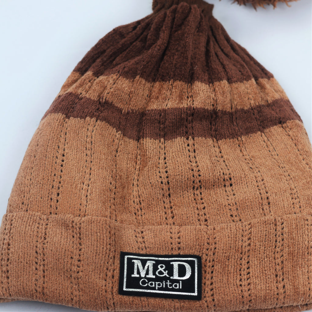 Soft Chenille "Elf Style" Beanie – Brown Striped Long-Tail Pom Hat