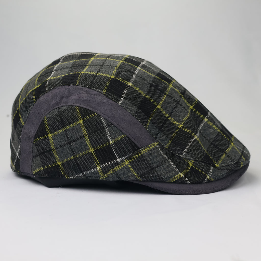 Lynx Golf Plaid Ivy Cap - Grey & Yellow Checkered Thrifted Flat Hat - 56-58cm