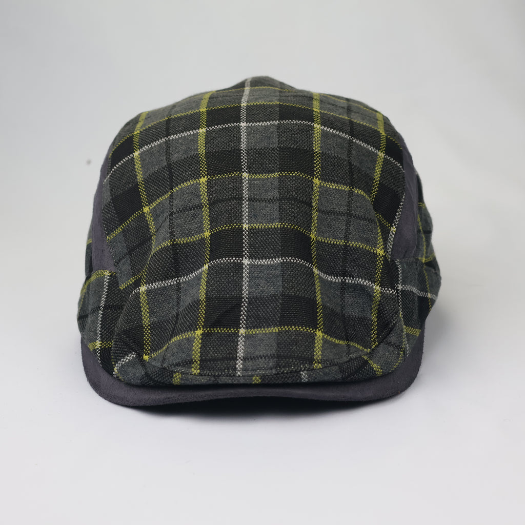 Lynx Golf Plaid Ivy Cap - Grey & Yellow Checkered Thrifted Flat Hat - 56-58cm
