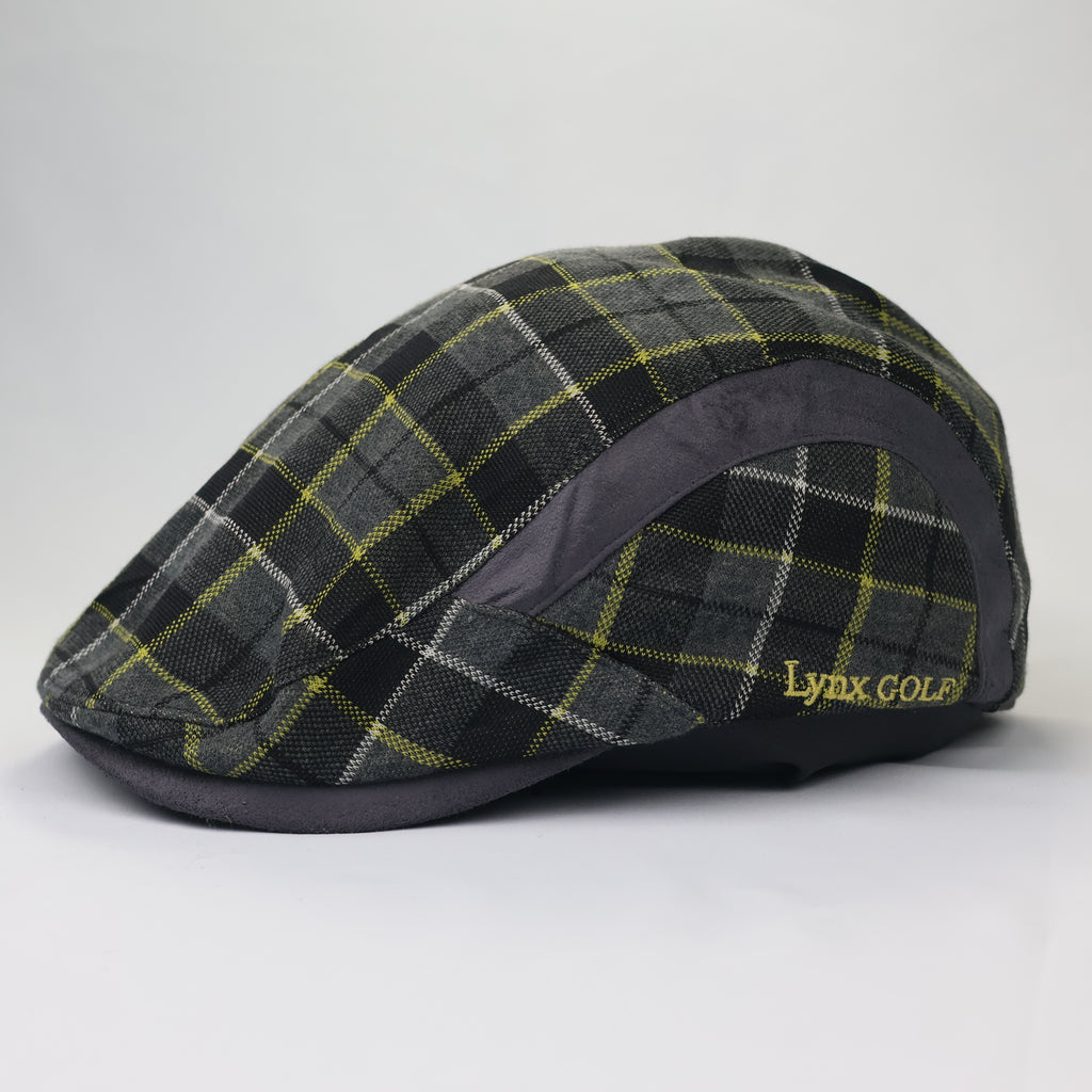 Lynx Golf Plaid Ivy Cap - Grey & Yellow Checkered Thrifted Flat Hat - 56-58cm
