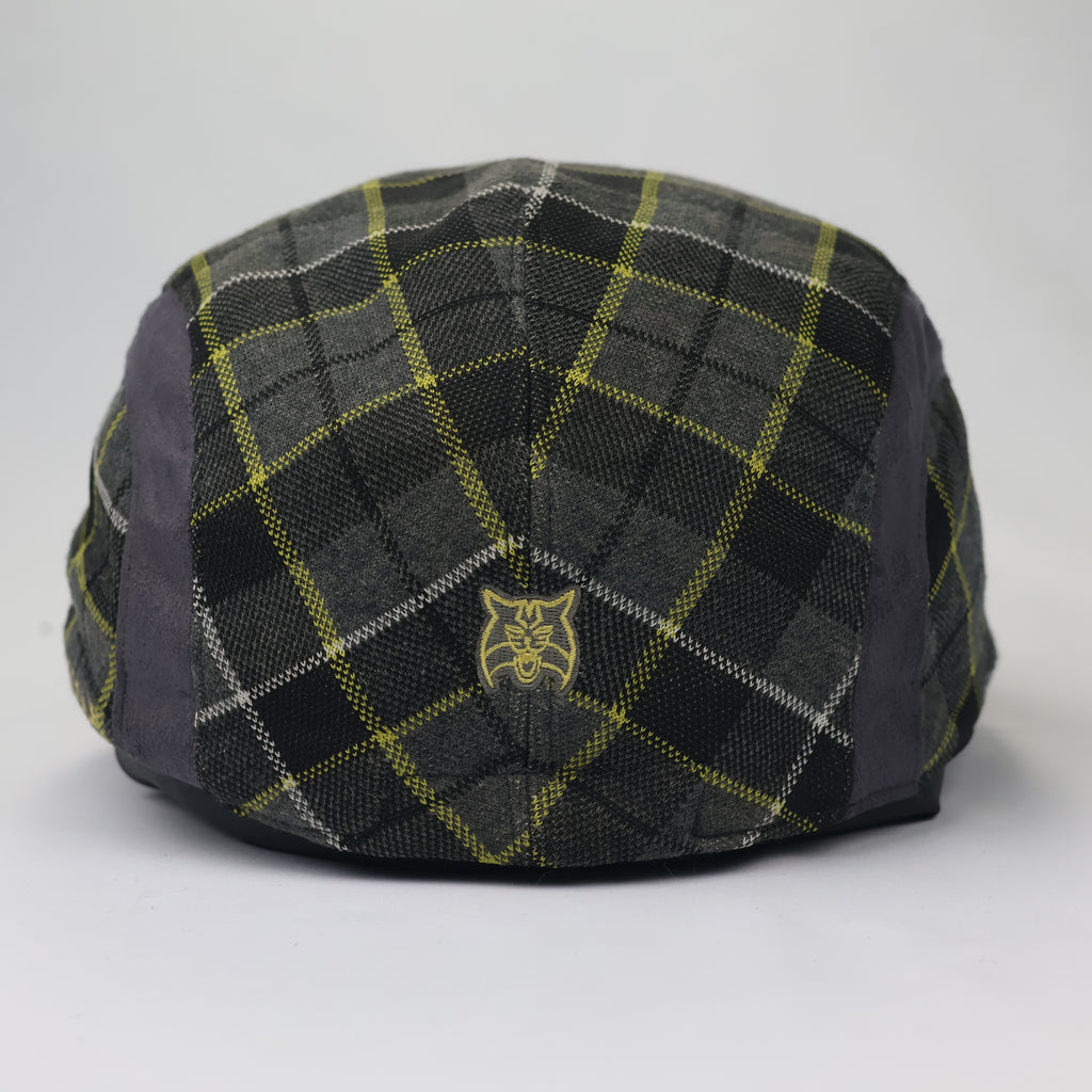 Lynx Golf Plaid Ivy Cap - Grey & Yellow Checkered Thrifted Flat Hat - 56-58cm