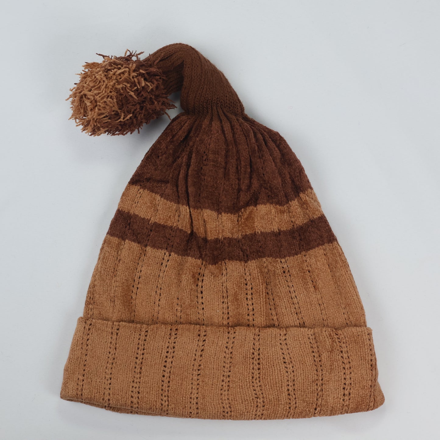 Soft Chenille "Elf Style" Beanie – Brown Striped Long-Tail Pom Hat