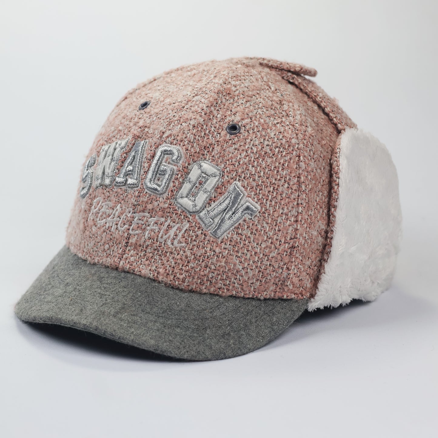 "SWAGON" Earflap Baseball Hat – Textured Tweed with Grey Felt Brim