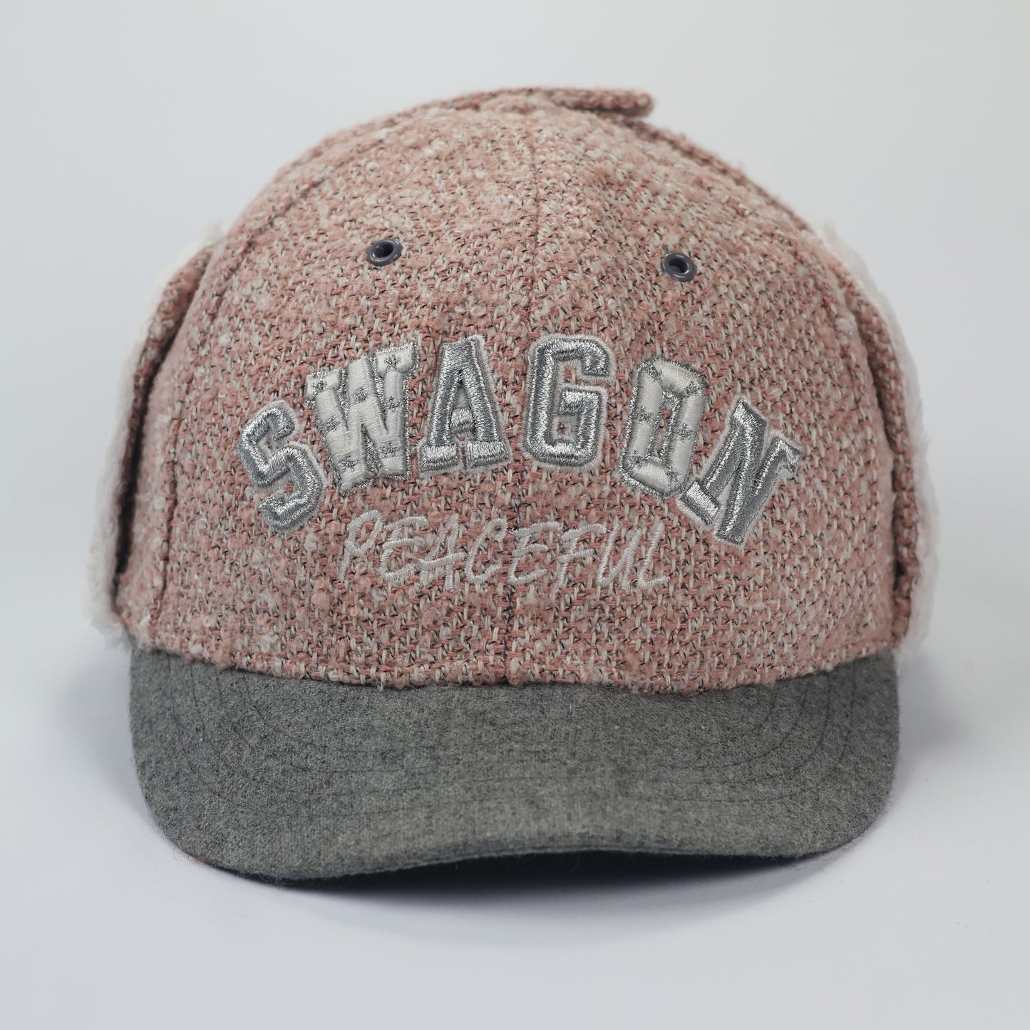 "SWAGON" Earflap Baseball Hat – Textured Tweed with Grey Felt Brim