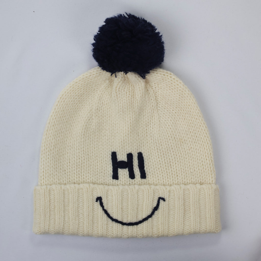 Cute "HI" Smiley Winter Hat – Cream Knit with Navy Pom-Pom (Size 52)