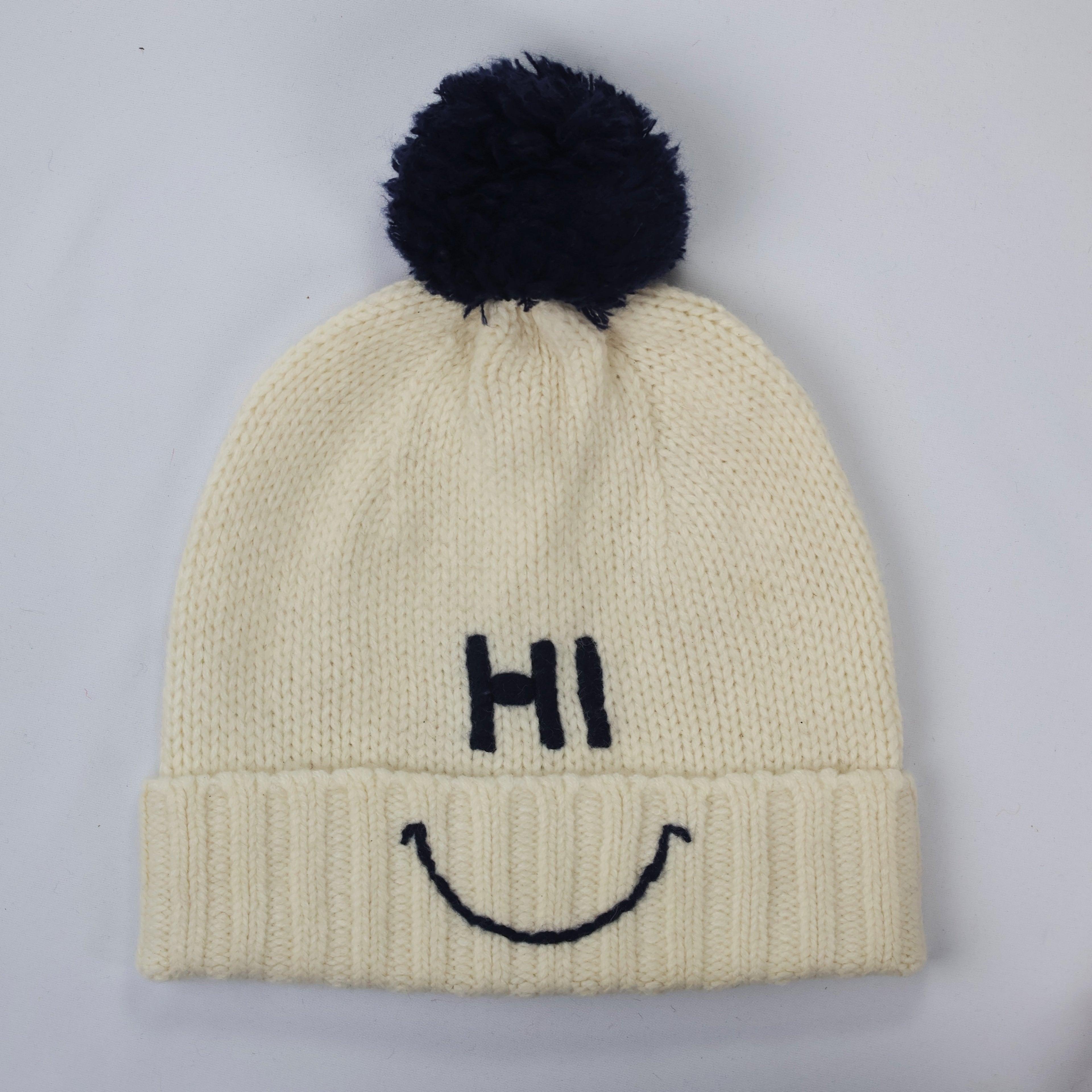 Cute "HI" Smiley Winter Hat – Cream Knit with Navy Pom-Pom (Size 52)