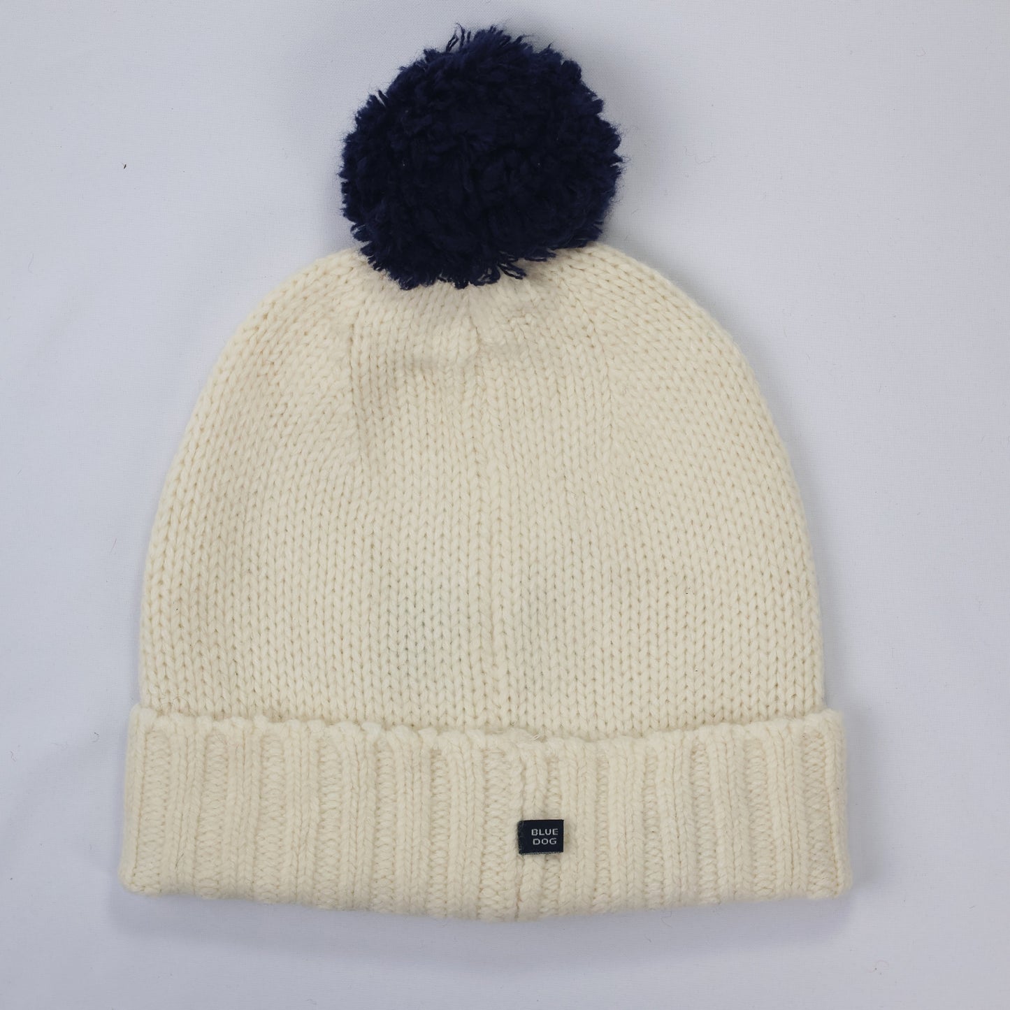 Cute "HI" Smiley Winter Hat – Cream Knit with Navy Pom-Pom (Size 52)