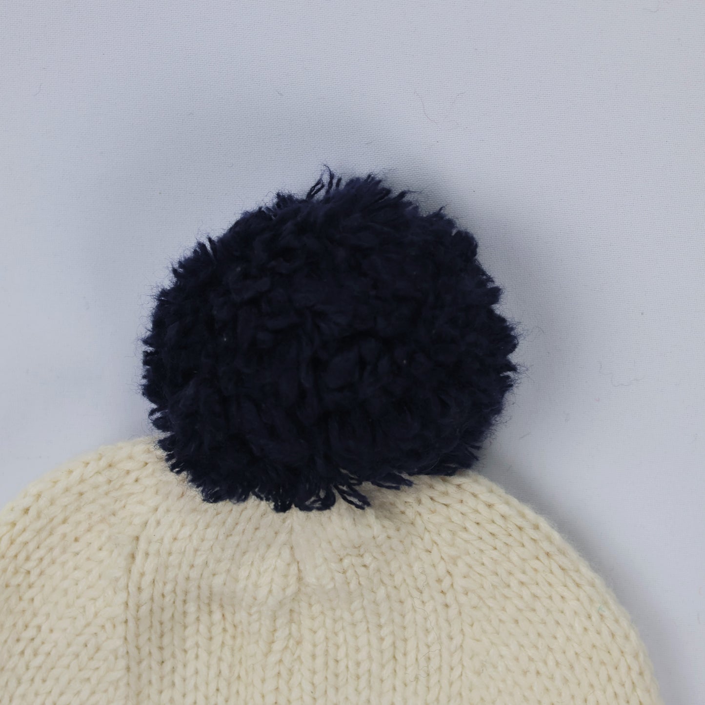 Cute "HI" Smiley Winter Hat – Cream Knit with Navy Pom-Pom (Size 52)