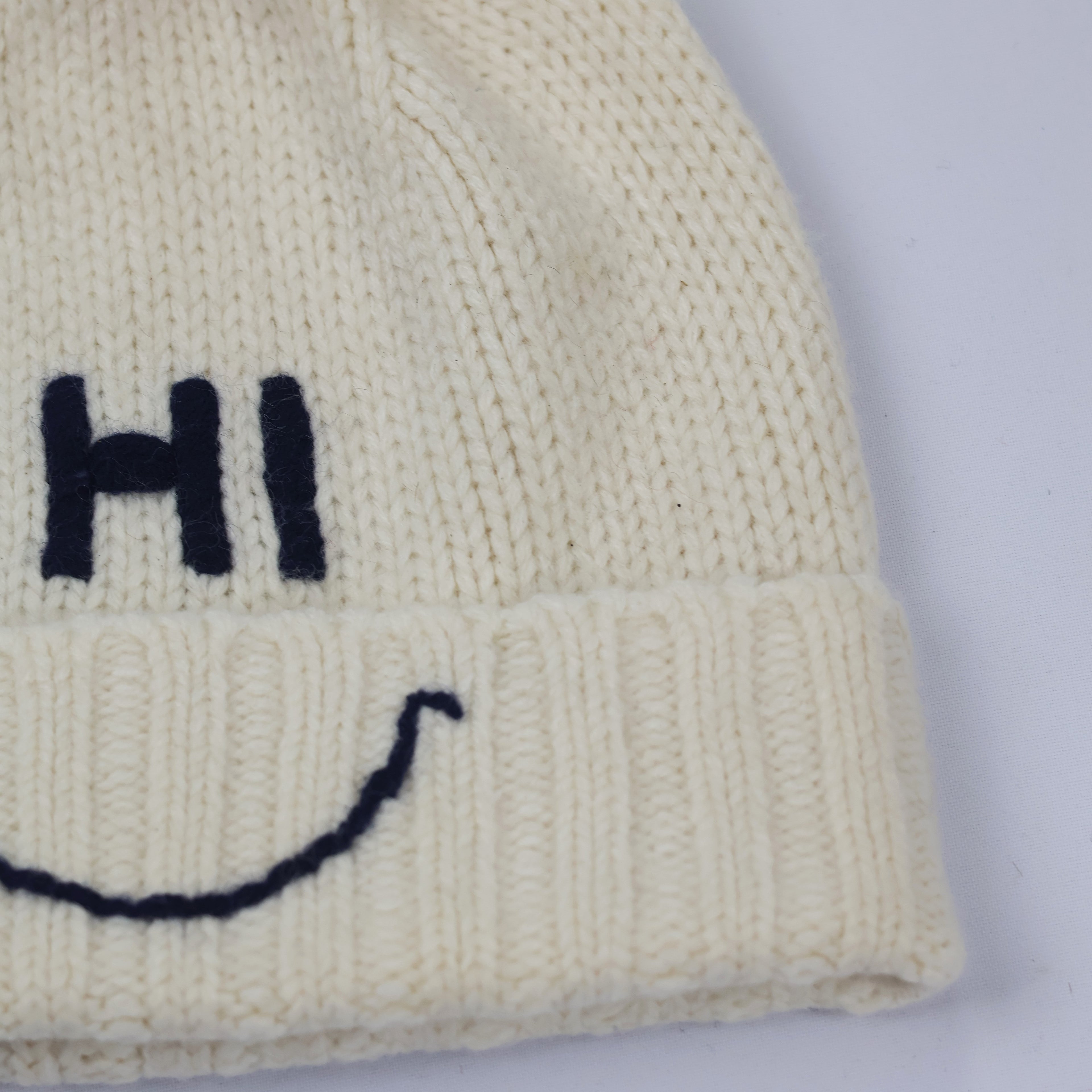 Cute "HI" Smiley Winter Hat – Cream Knit with Navy Pom-Pom (Size 52)
